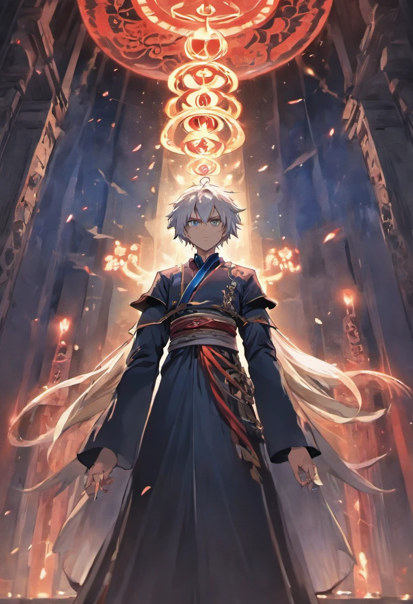 (masterpiece, illustration, anime:1.3), anime boy, Red Eyes, long white hair, oriental elements, in the dark, (classic black attire:1.2), standing inside a temple at night, (messy white hair:1.1), (red eyes emitting red light:1.2), (calm expression:1.1), (uncovered eyes:1.1), (powerful presence:1.2), (mystical atmosphere:1.2), (subtle moonlight:1.1), (intricate temple architecture:1.2), (ominous shadows:1.1), (flowing robes:1.1), (detailed folds and creases:1.1), (intense blue aura:1.2), (symbols of power surrounding him:1.1), (magical energy radiating:1.2), (spellcasting gestures:1.1), (mysterious artifacts:1.1), (ethereal particles:1.1), (dynamic pose:1.2), (epic soundtrack:1.2), (sense of awe:1.1), (magical prowess:1.1)