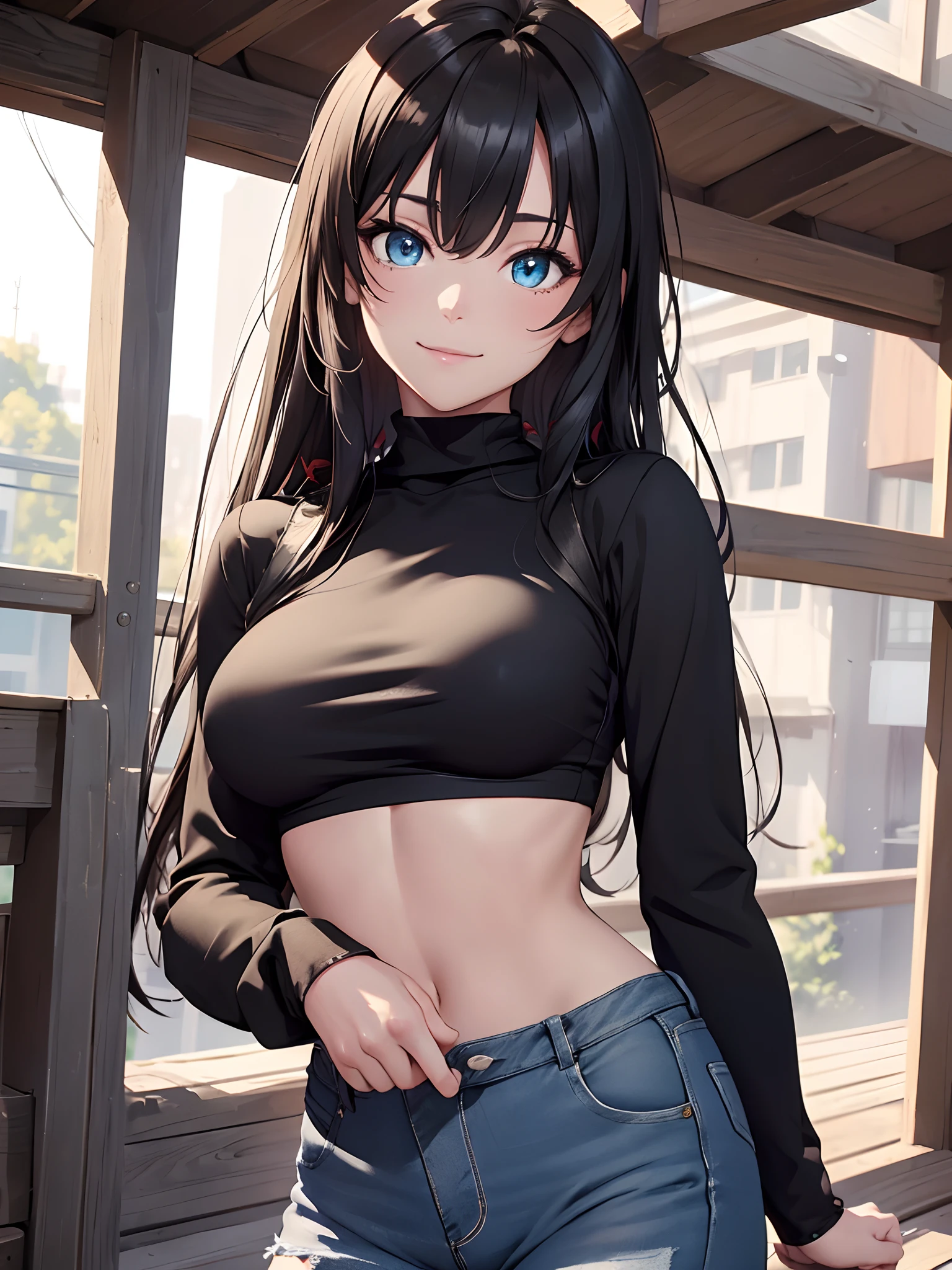 (masterpiece, best quality:1.2), solo, 1girl, yukinoshita yukino, slight smile, looking at viewer, ((turtle neck T-shirt, black colored, black tutrle neck t-shirt, full sleeves, long sleeves)), ((blue denim jeans, full length)), afternoon, outdoors, city, BREAK looking at viewer, (smile), (medium boobs), BREAK (masterpiece:1.2), ((cowboy shot)) best quality, high resolution, unity 8k wallpaper, (illustration:0.8), (beautiful detailed eyes:1.6), extremely detailed face, perfect lighting, extremely detailed CG, (perfect hands, perfect anatomy),