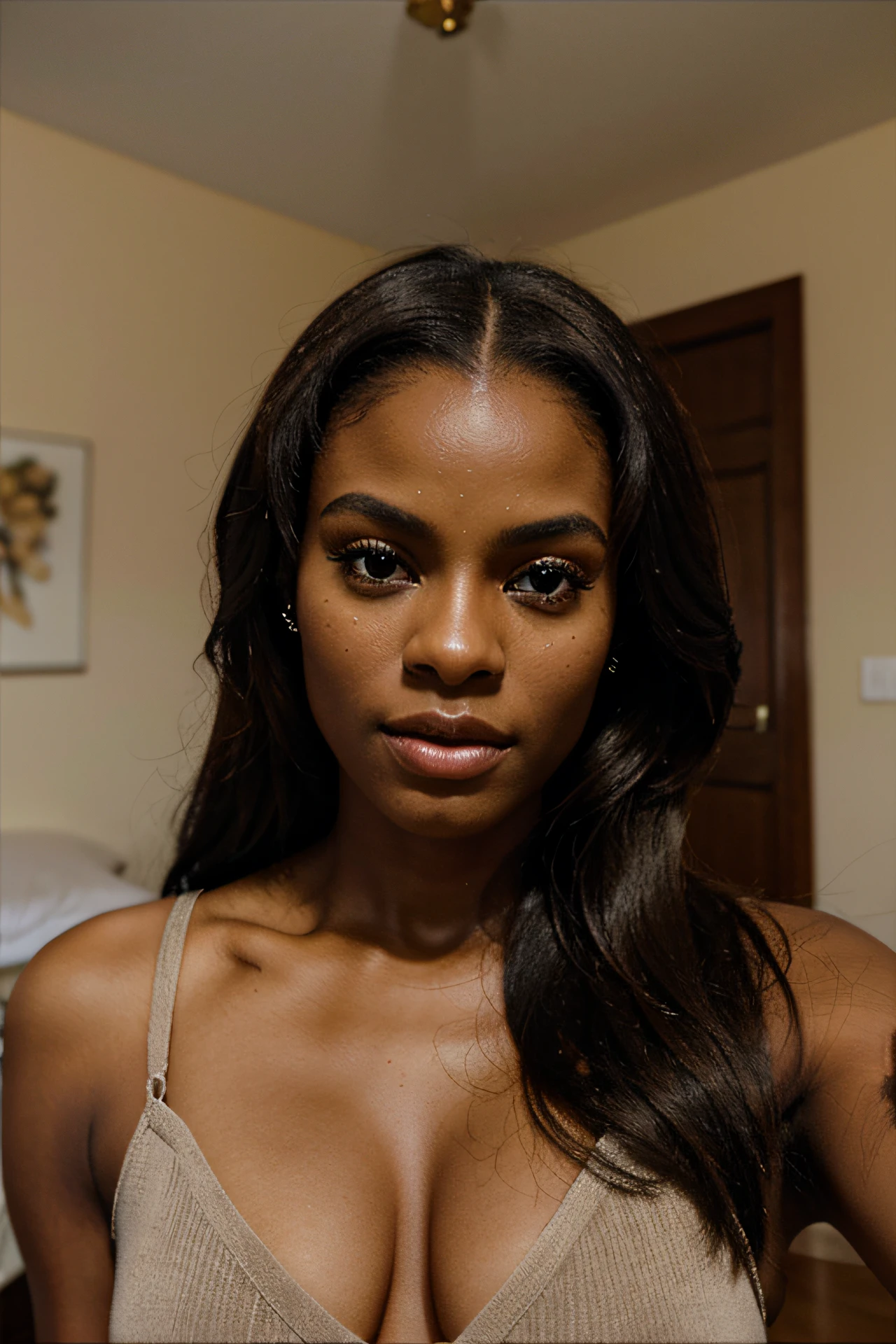 sexy african american 20 -year-old black girl with brown eyes, ultra realistic, meticulously detailed, brown hair and large eyes, selfie of a young woman, without makeup, natural makeup, looking directly at the camera with straight face, face with artgram, subtle makeup, in bedroom, 8k, hyper-realistic, close-up photo, tika sumpter, details in eyes, no shadows in the face, high key soft light, softbox