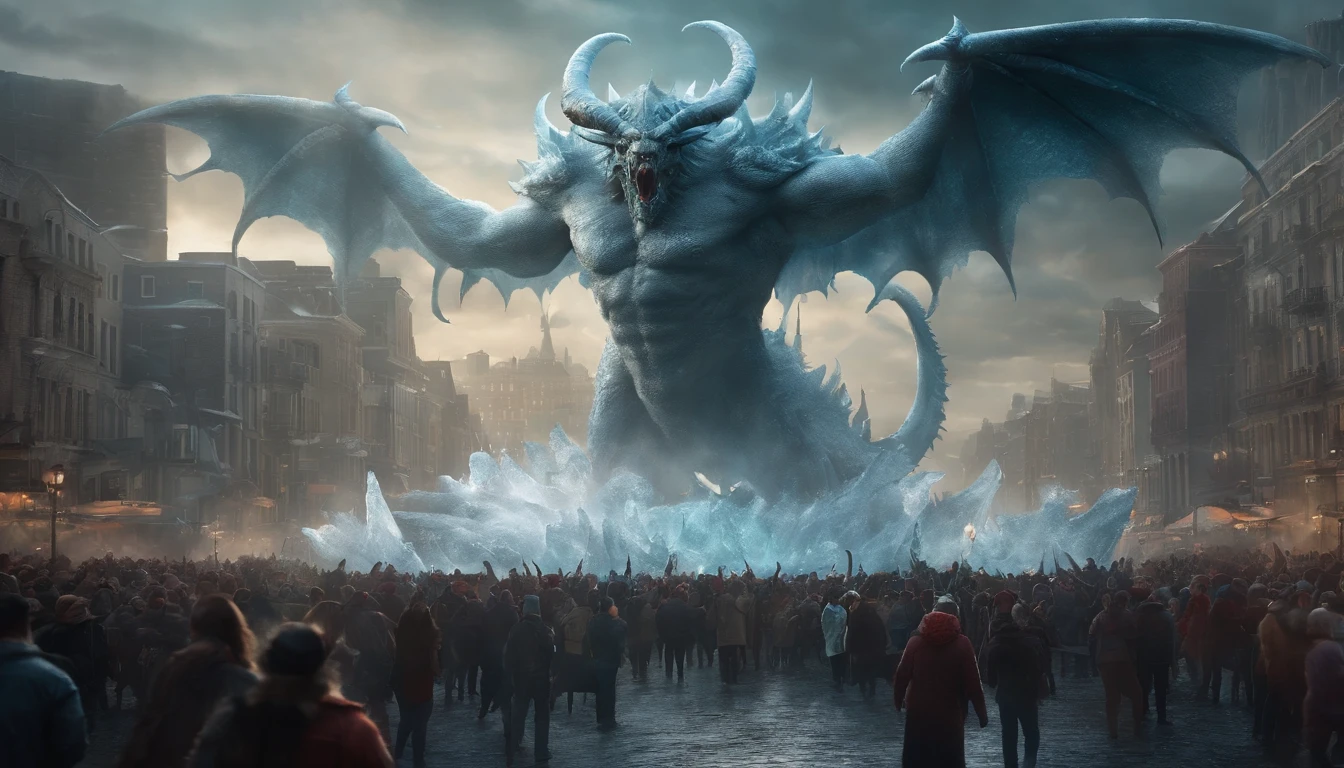 Giant ice demon with earth wings and water horns spread across a city and with a sword in the middle of a large crowd of people