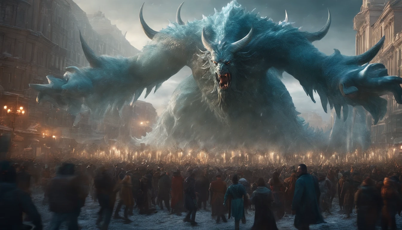 Giant ice demon with earth wings and water horns spread across a city and with a sword in the middle of a large crowd of people