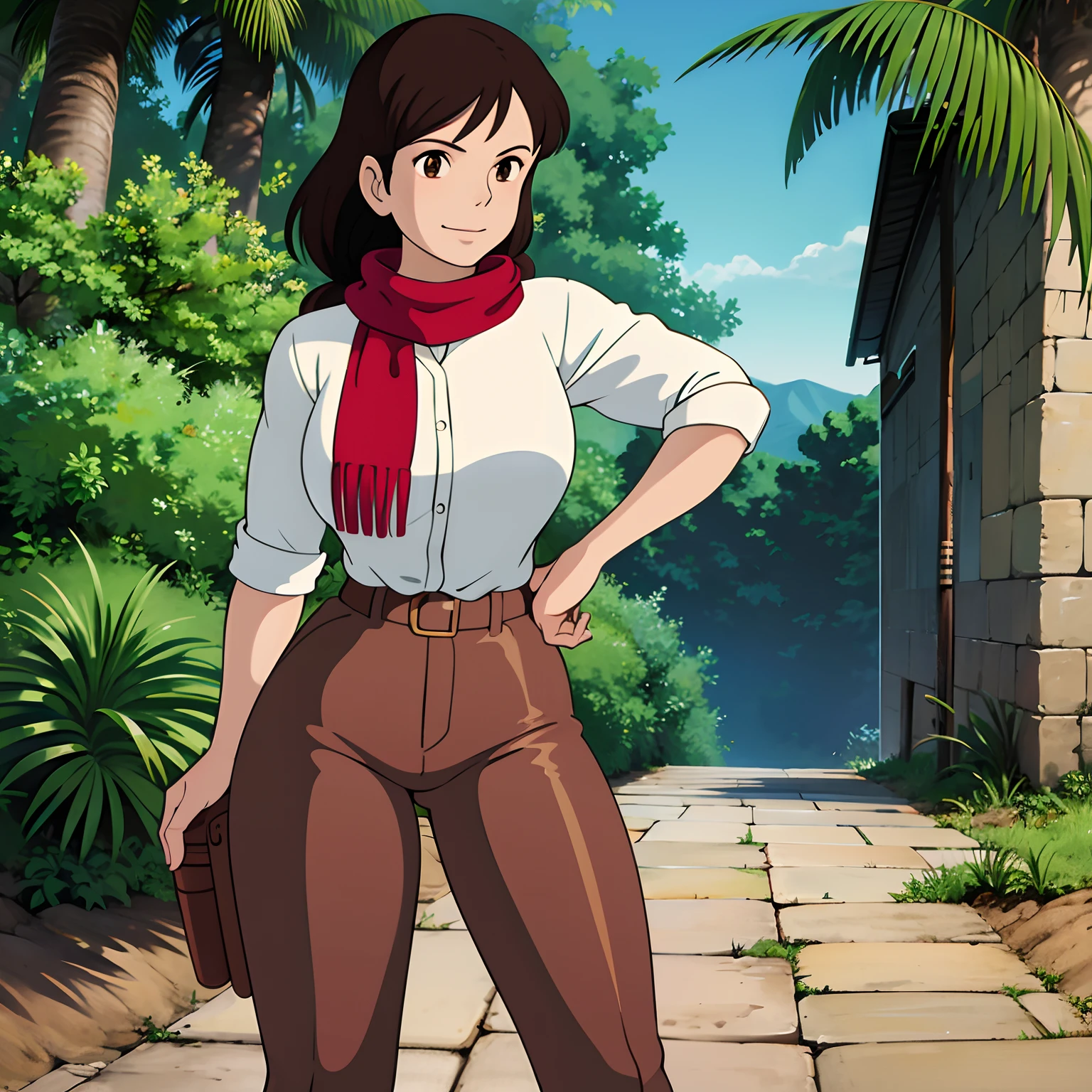 Denise Milani, Ghibli style, latina, copper skin, solo, 1girl, brown hair, long hair, ( red neck scarf), Denise Milani body type, beautiful, smile, Amazon River explorer from the 1920s, gun holster on hip, gun in holster, white pinstripe button up shirt, shirt unbuttoned, shirt tucked into brown pants, Brazilian marketnshops, vendors, outside, chatting with viewer, holding ore