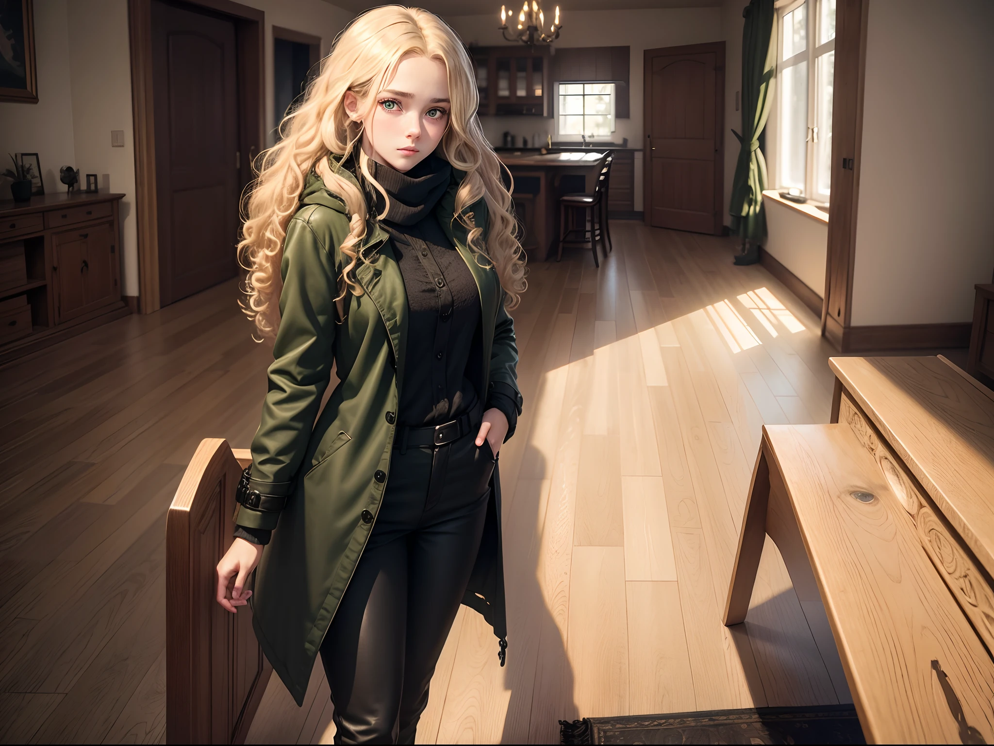 realistic, 8k image of a 15 year old girl, curly blonde hair, gorgeous, extremely detailed green eyes, dressed in a black coat and black pants, uncertain expression, standing in a living room of a German house, winter morning, anime style art
