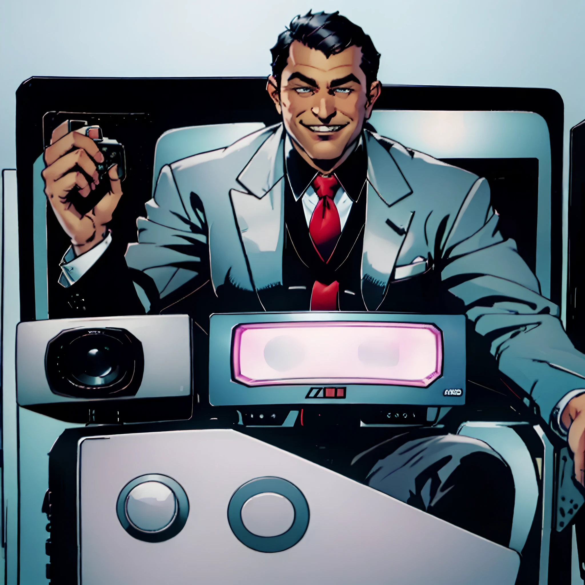 arafed man in a suit and tie sitting in a chair, with, smug look, tv show still, smiling at camera,