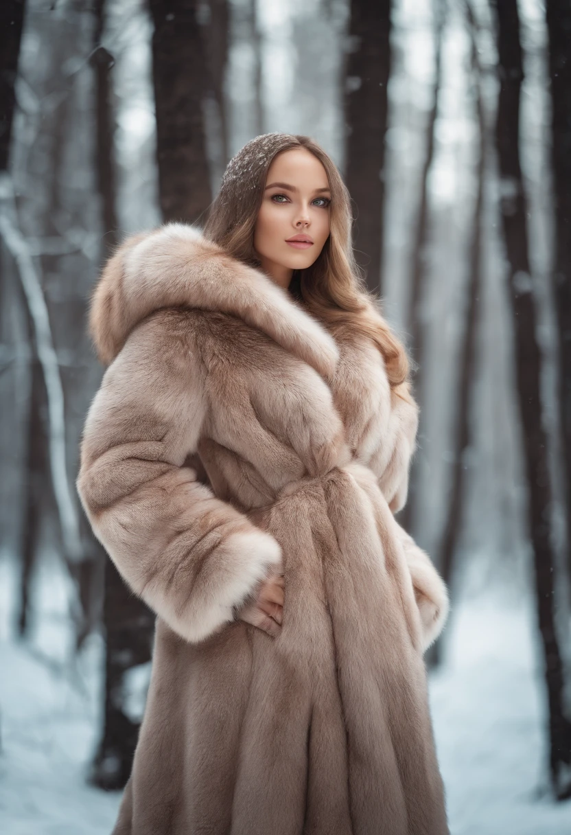 Beautiful Russian girl posing against the background of a winter forest in an open fox fur coat dressed on a naked body in full height
