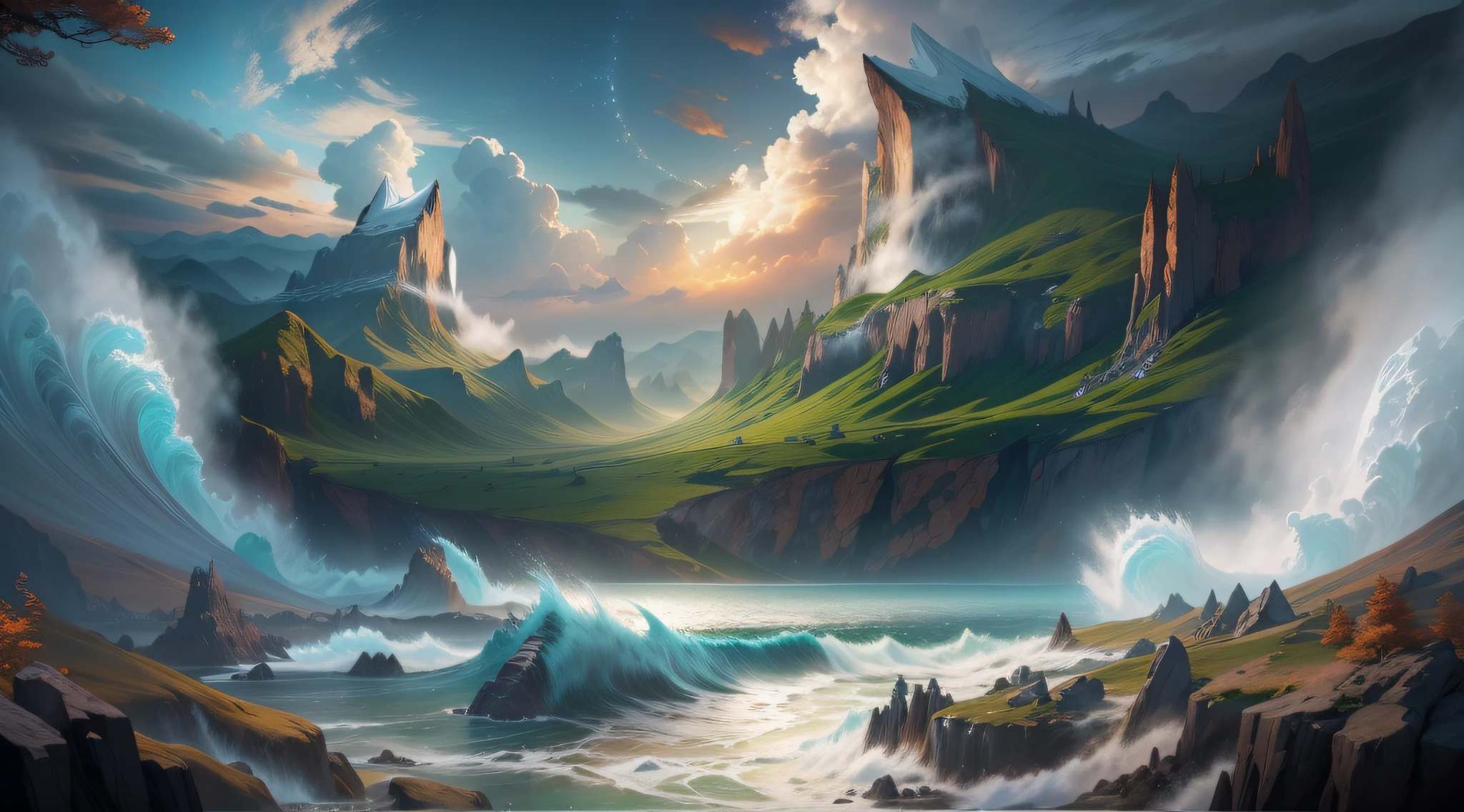 Stable Diffusion prompt：
(mighty Earth,known as Gaea,took form),creating(mountains,valleys),and(vast oceans),(best quality,4k,8k,highres,masterpiece:1.2),ultra-detailed,(realistic,photorealistic,photo-realistic:1.37),epic scenery,(majestic landscapes:1.1),(gigantic waves:1.1),sweeping vistas,grandeur of nature, breathtaking views,immense power of nature,mythical beauty,divine creation,awe-inspiring scale,unfathomable depth,serene vastness,(dramatic lighting:1.1),sublime atmosphere,unparalleled magnificence,marvelous biodiversity,colorful flora and fauna,evolution of life,harmony and balance,natural wonders,poetic tranquility,celestial marvels,primordial allure,endless horizons,majesty of the Earth,ancient wisdom,pristine elegance,dynamic forces of nature,lifegiving essence of Gaea,unveiling of the world