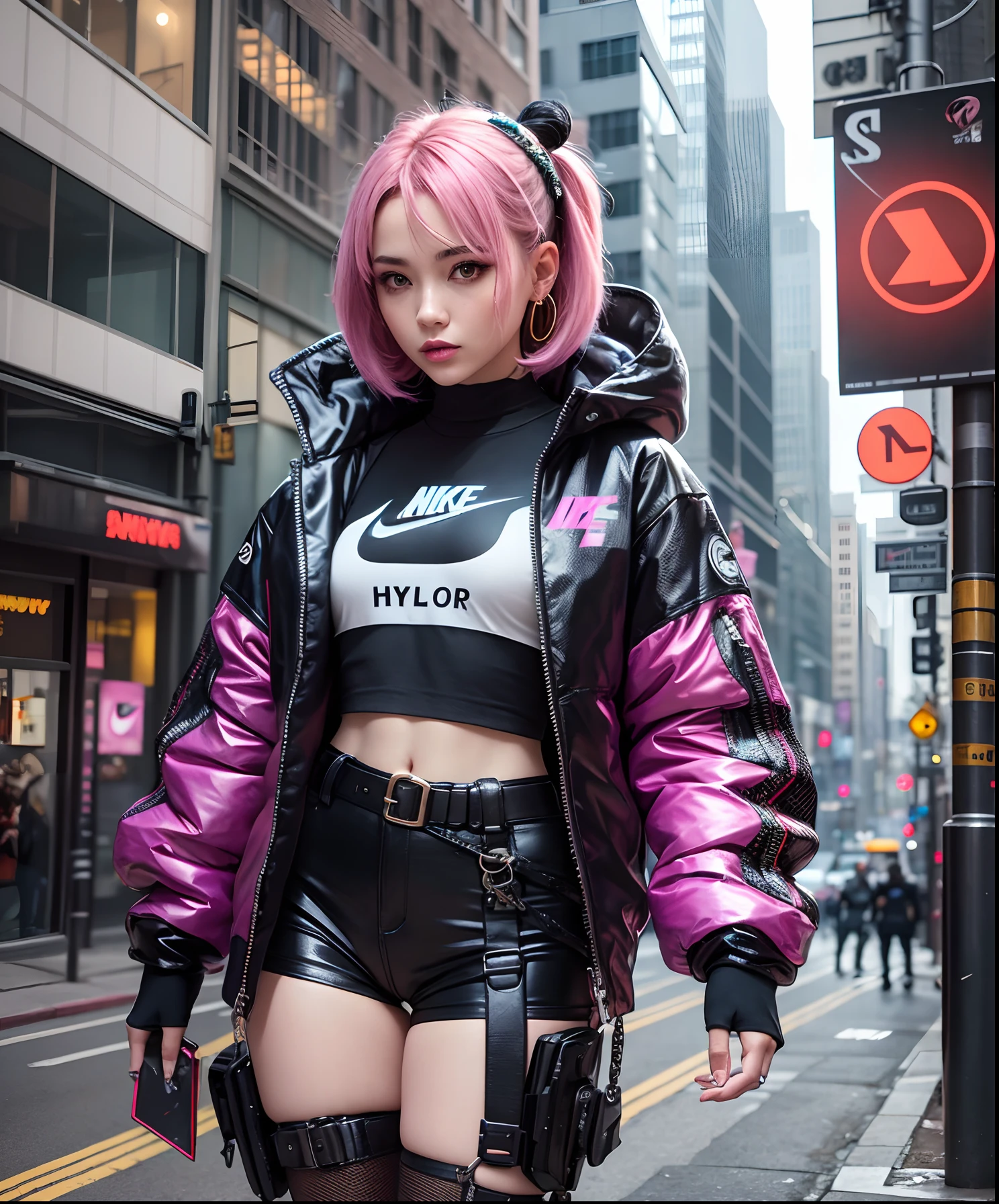 Cyberpunk Girl Techwear, Street clothes, Appearance and clothing, We can see them from head to toe, High detail and complexity, the golden ratio, Beautiful bright colors, hypermaximalist, Futuristic, cyberpunk setting, luxury, elite, Cinematic, Techwear Fashion, Nike ACG, Y3, ACRNYM Errolson Hugh style --auto --s2