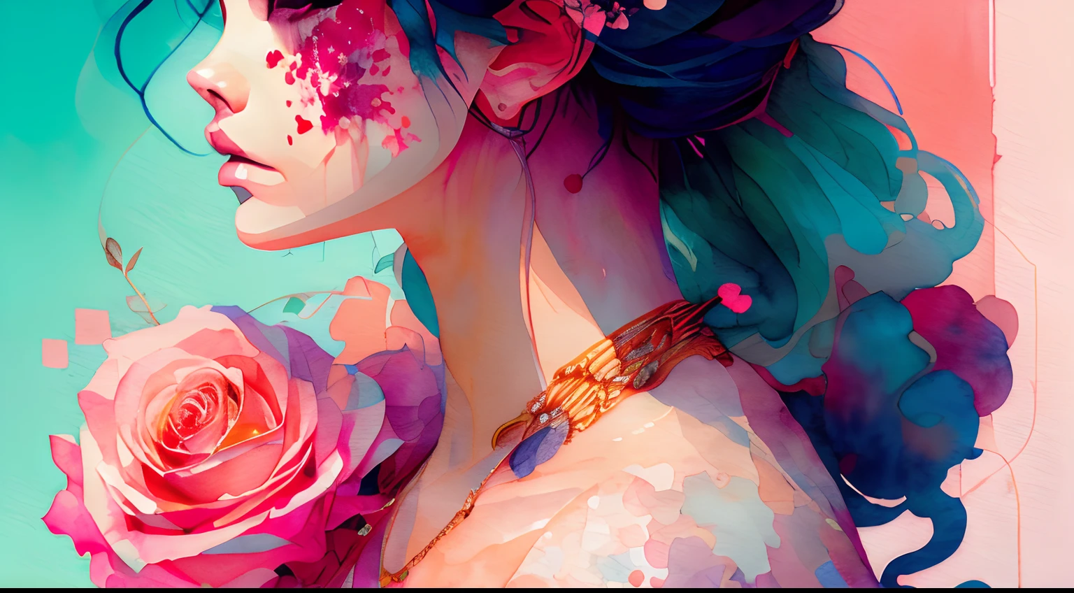 wtrcolor style、Digital Art、Official art、​masterpiece、Beautiful fece、((watercolor paiting))、reddish、Paint Splatter、intricate-detail、Superb Detail、[drip:0.7]、Trending on Art Station、florals、ROSE,
