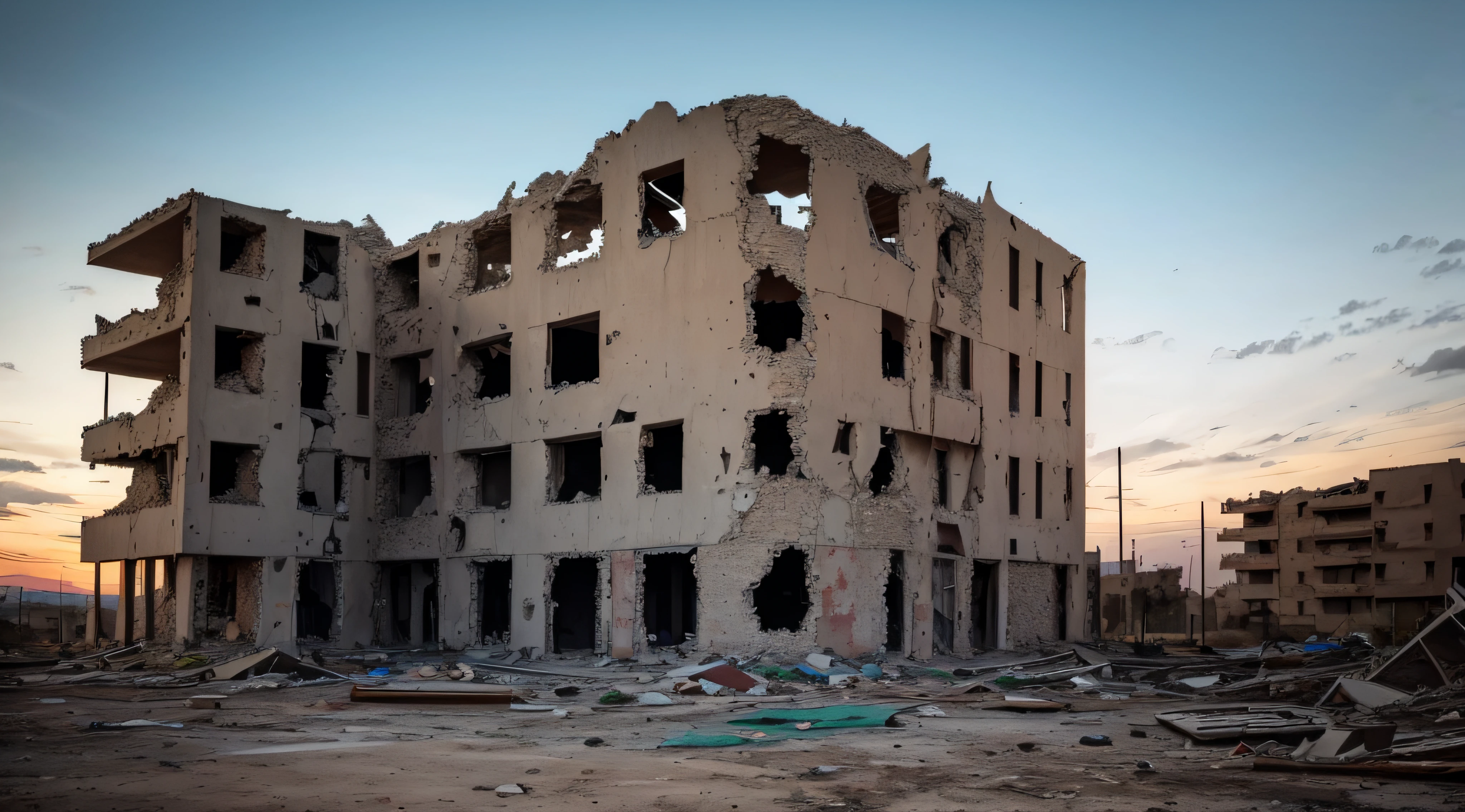 Ruin in a war zone with a damaged concrete building