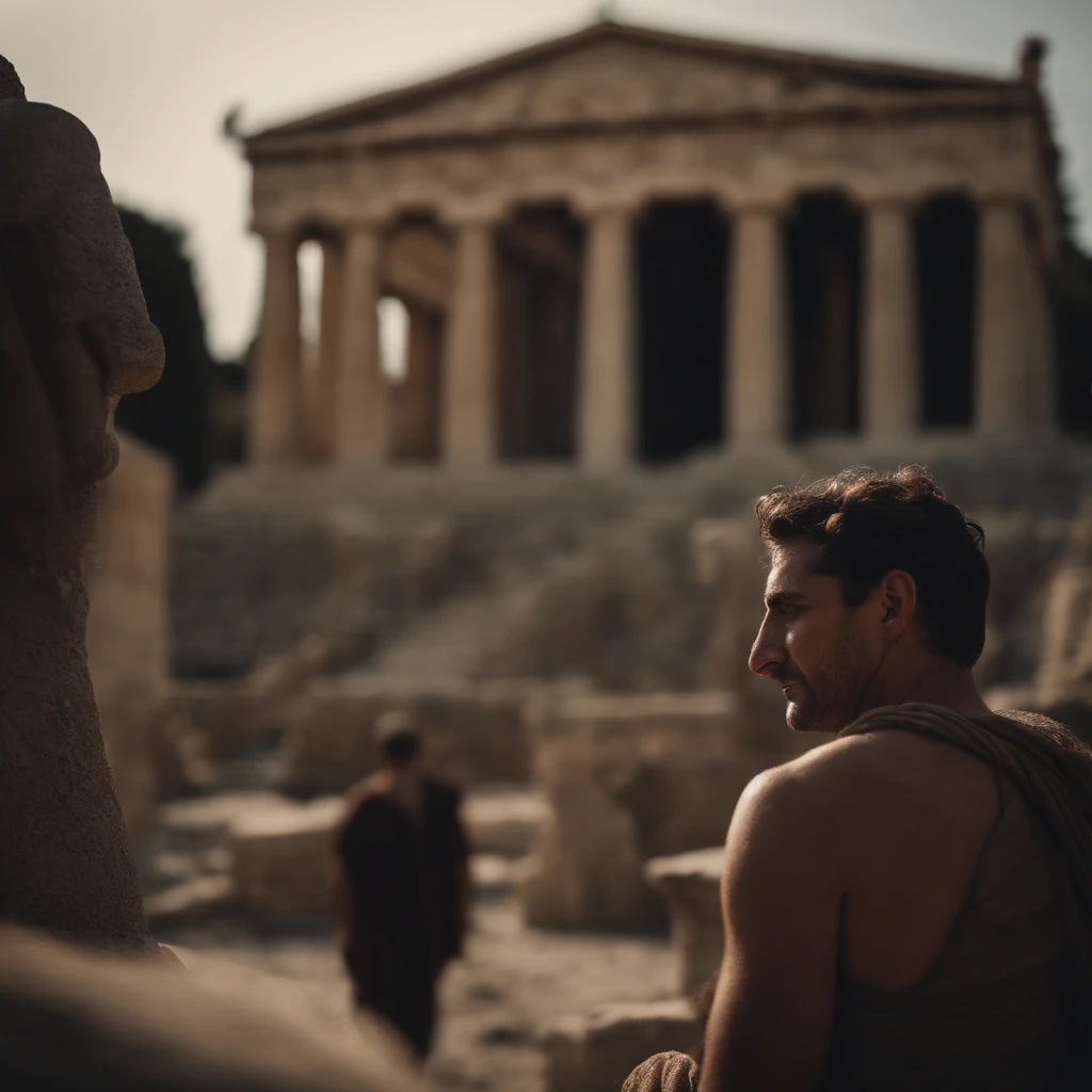 Describe a scene from ancient Greece where individuals are experiencing demotivation. Capture the atmosphere and emotions in detail.