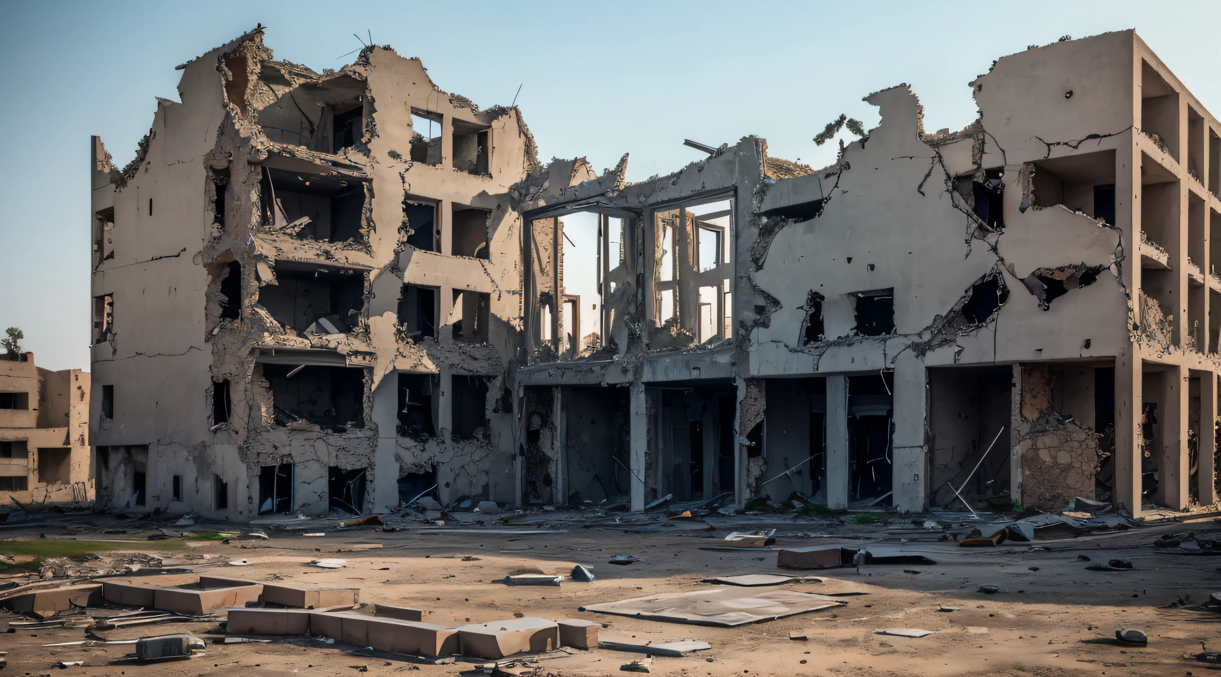Ruin in a war zone with a damaged concrete building