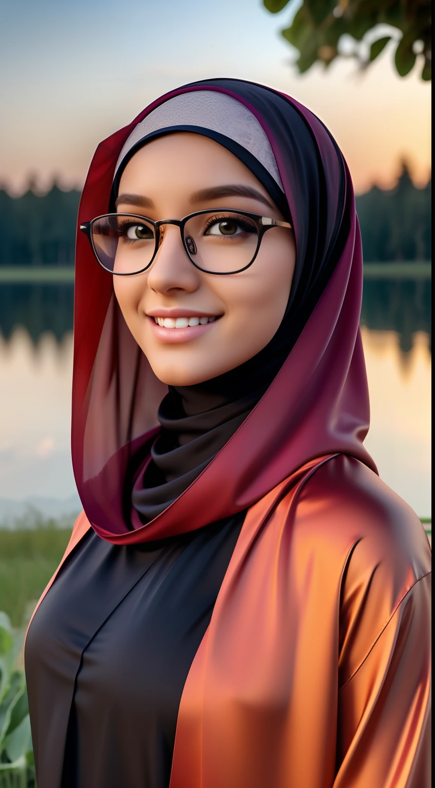 ultra realistic,16k,enhanced quality, perfect face, perfecthands, perfect body, ultra detailed,1girl,perfect hair, girl wearing glasses, perfect glasses, perfectsmile, ultra realistic, ultra realistic background, ultra realistic sunset, ultra realistic clouds, standing near Beautiful three trees, small lake, Lotuses, Birds,flower grass and plant, girl look at viewer, ultra realistic glowing butterfly, girl wearing perfect hijab, ultra realistic particles, perfect duck lips ,islamic hijab,