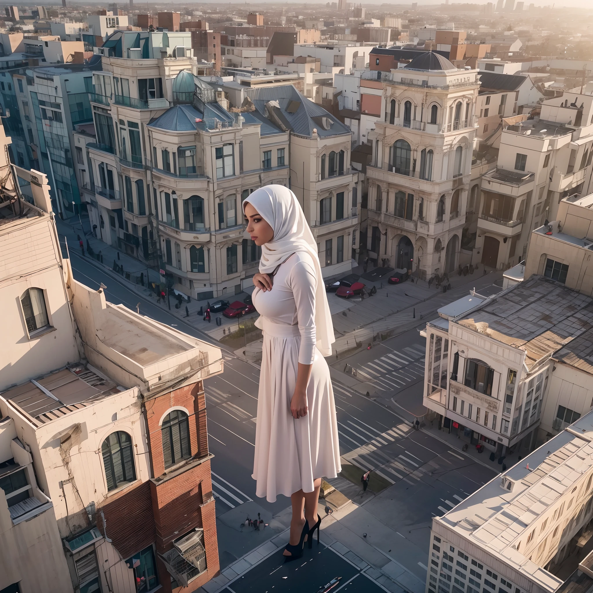 tallgts,giantess,Full body photo,BuildingSeat,White tight shirt,Big breasts,pencil skirts,black lence stockings,stiletto,(Long legs:1.2),Extremely tall girl,Above the house,Beautiful looks,Delicatemakeup,Perfect lighting,Cinematic quality,8K,High quality,(GTS:1.5),Aerial View,With tiny, woman wearing hijab