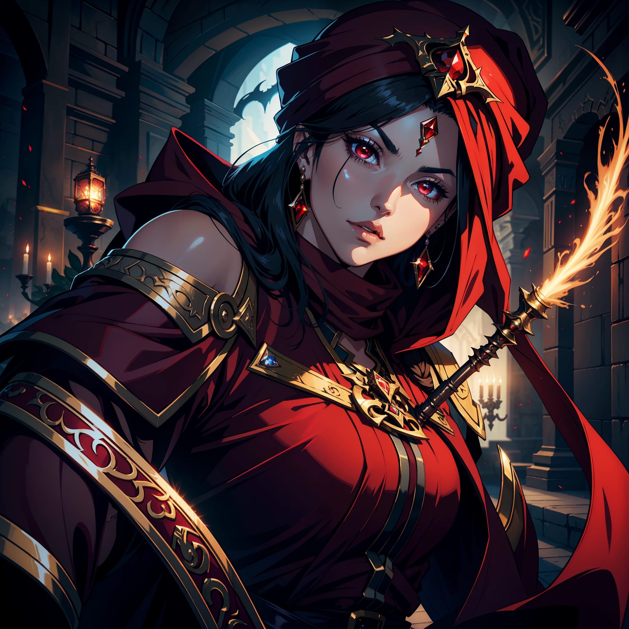 Castlevania Super Realistic Shadow Lord Super Detailed Dynamic Shot Of Very Beautiful Arabian Princess With A Turban Red Hokuto Portrait Zoom Sexy Sexy Face Sexy Eyes Glowing Mouth Shiny Red Crystal Shiny Eyes