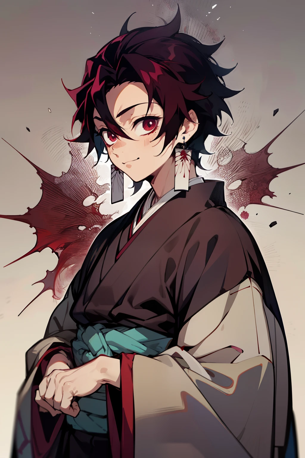 tmasterpiece, beste-Qualit, 独奏, 1boy, Vermilion hair, dark eyes, red kimono, portraite of a, bloods, ssmile, upper-body, Demon Slayer