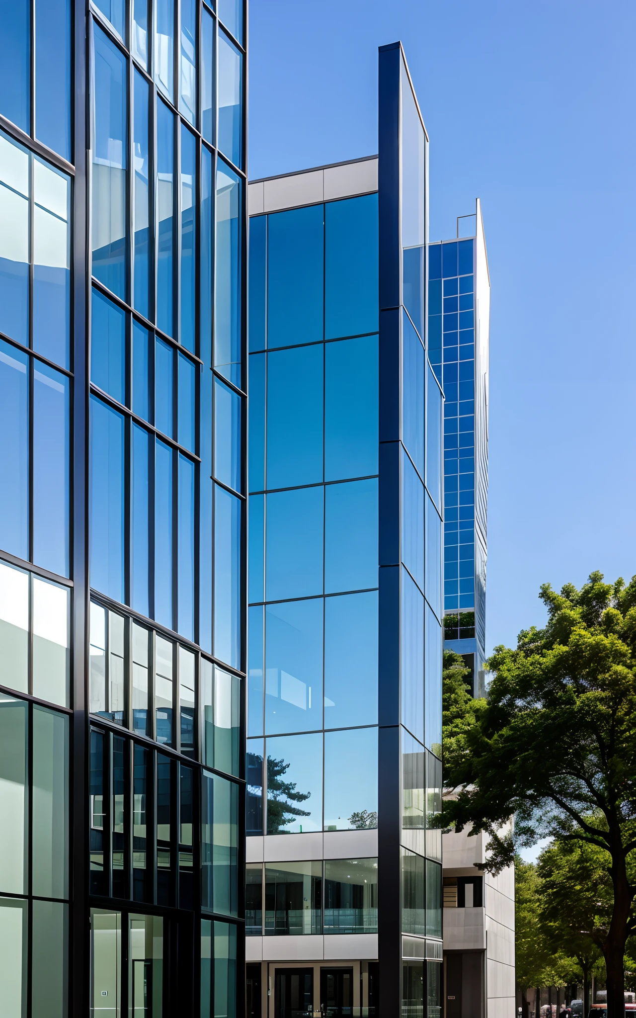 Modern high building with a glass façade reflecting a blue sky. Glass towers and clean lines embody modernity and high-end architectural design