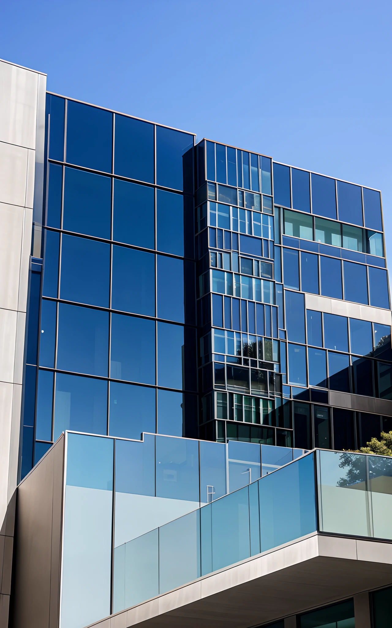 Modern high building with a glass façade reflecting a blue sky. Glass towers and clean lines embody modernity and high-end architectural design