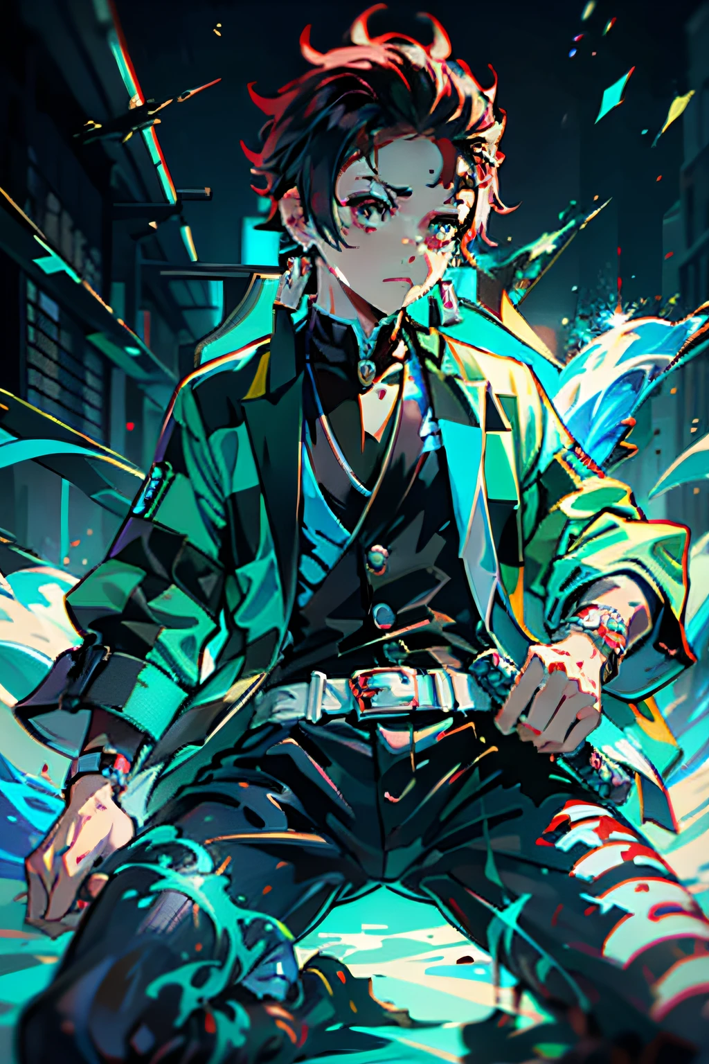 tanjiro wearing light green cyberpunk jacket, blue sword, blue fire and aura around him, cyberpunk theme, 4k, ultra sharp