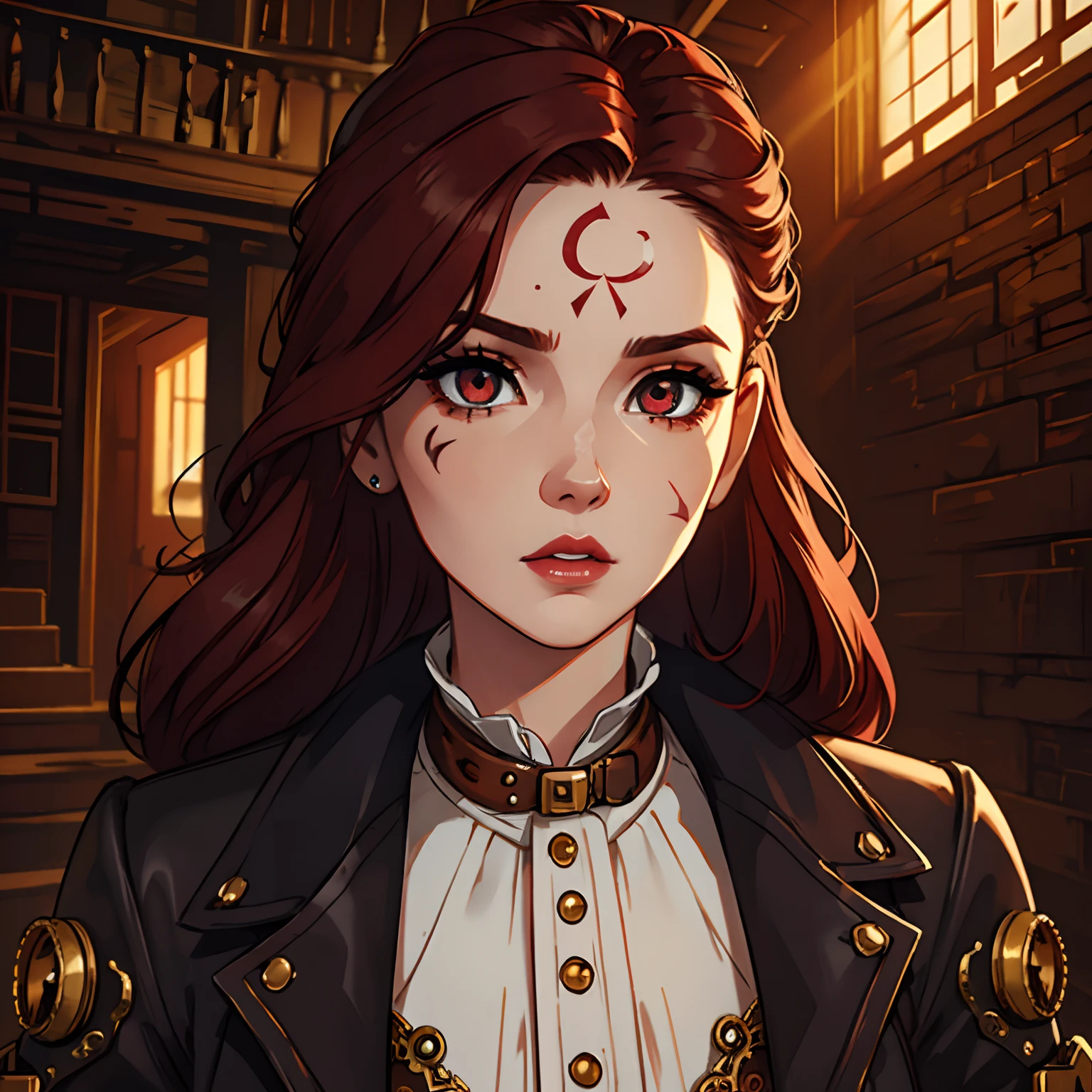 best quality,ultra-detailed,realistic:1.37,steampunk style house,woman with white makeup on face,dark red hair,detailed eyes and lips,forehead mark