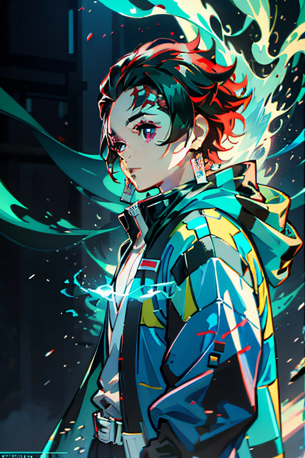 tanjiro wearing light green cyberpunk jacket, blue sword, blue fire and aura around him, cyberpunk theme, 4k, ultra sharp