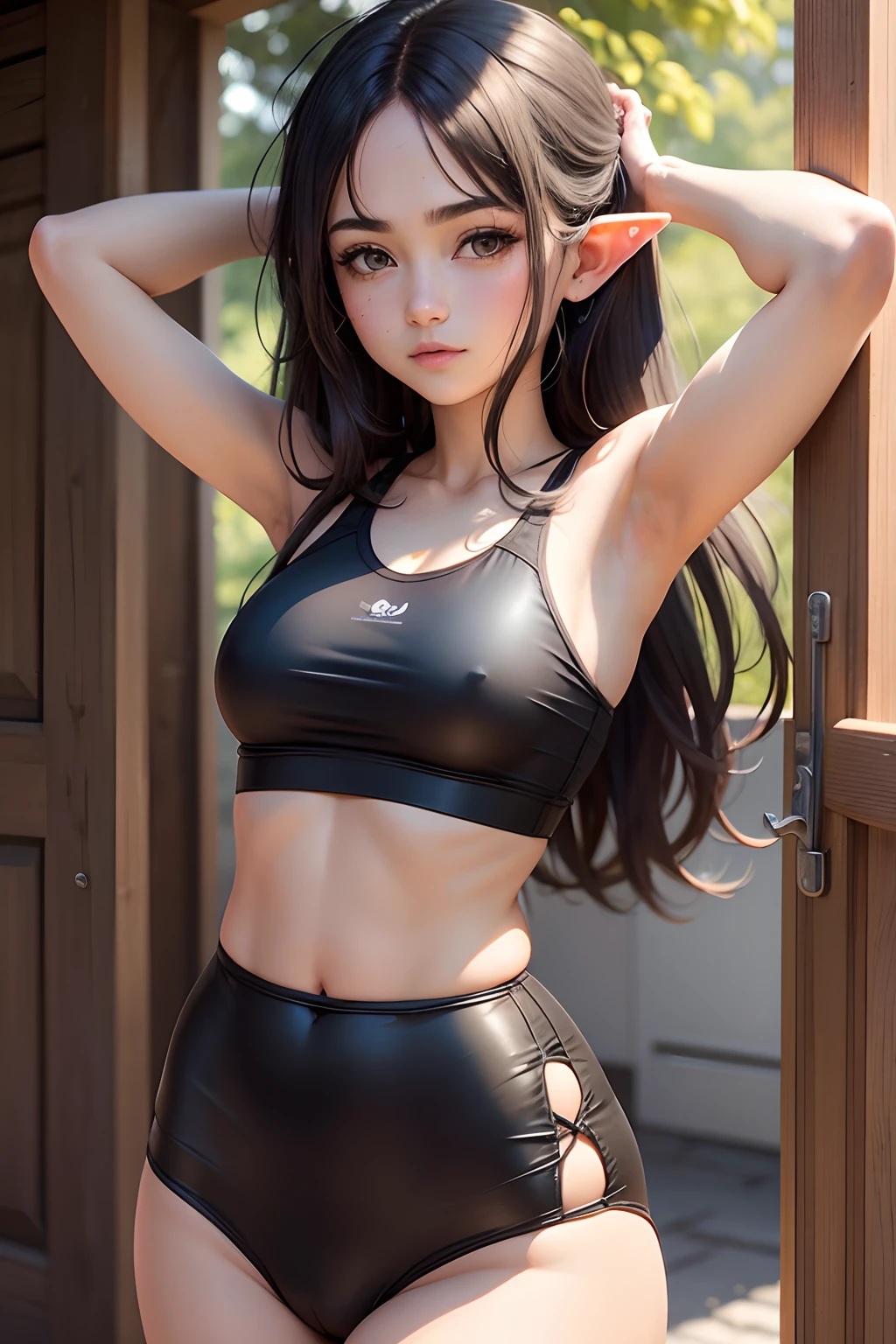 18 year old beautiful girl, ojos grandes, senos grandes, delgada, Small, 8k, calidad superior, (Cabeza muy detallada: 1.0), (cara muy detallada: 1.0), (cabello muy DetallaDo: 1.0), Arte oficial muy detallado, Estilo de arte Anime Moe, Arte de anime limpio y detallado, They are smiling, cabello negro, cabello largo y liso, pecho desnudo, Ushiwakamaru, Ruso, caderas grandes, perfecto, small waist, vista de espaldas, small ass, Bragas blancas, sentada de rodillas, de espaldas, sportwear, elf