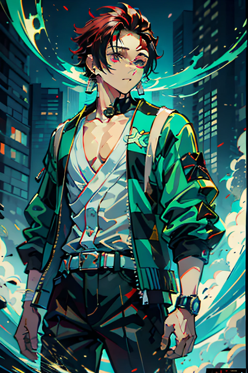 tanjiro wearing light green cyberpunk jacket, blue sword, blue fire and aura around him, cyberpunk theme, 4k, ultra sharp