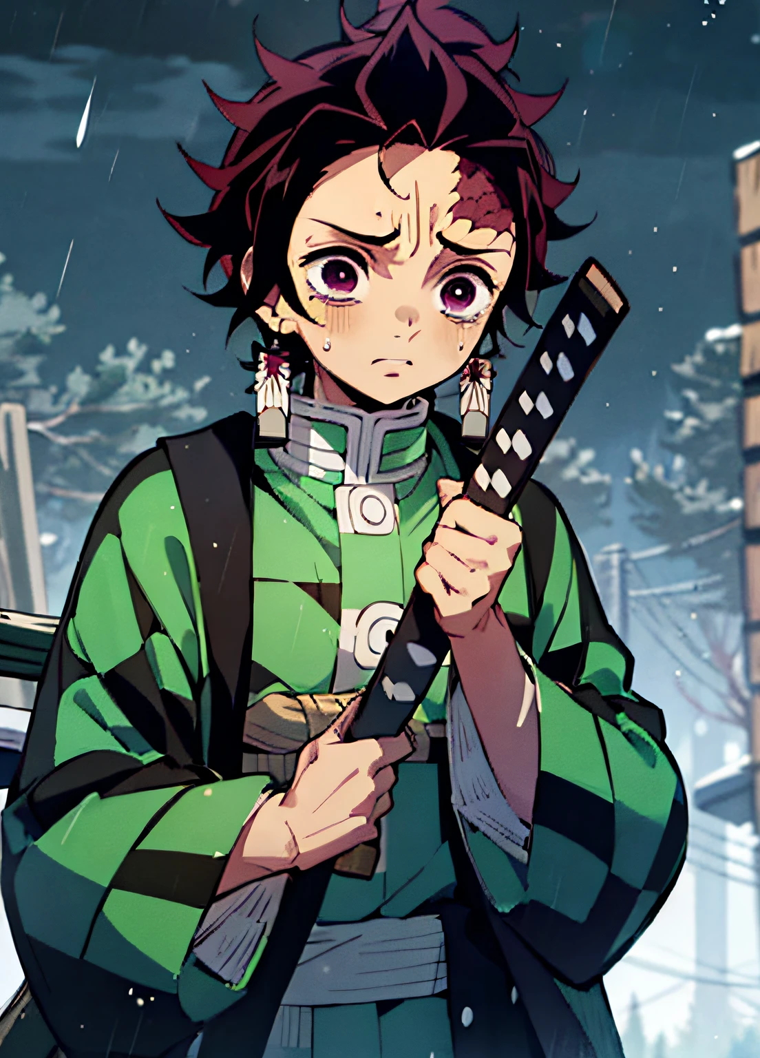 "Kamado Tanjiro from Demon Slayer, heavy rain, crying, gazing at the sky, wearing a green plaid shirt, holding a katana."