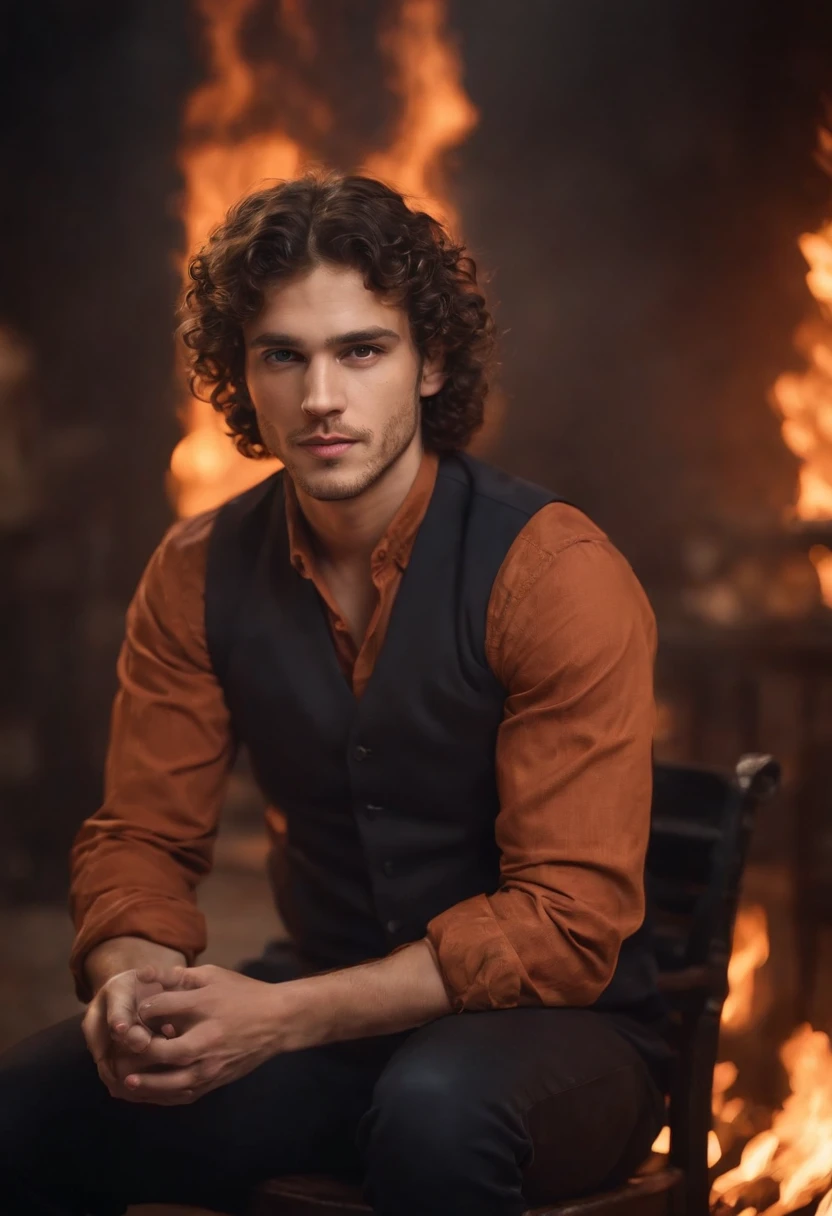 "curly-haired man sitting on a chair in front of the camera writing with a pen on a paper on fire, surrounded by intense flames and lighting reflecting on his face, hair, and body, vibrant colors, chiaroscuro lighting, detailed facial features, expressive eyes, intense emotions, artistic rendering, smoky atmosphere, dramatic composition, dynamic angles, high-resolution, portrait, surreal aesthetic, contrast, warm color tones, glowing embers, passionate energy"