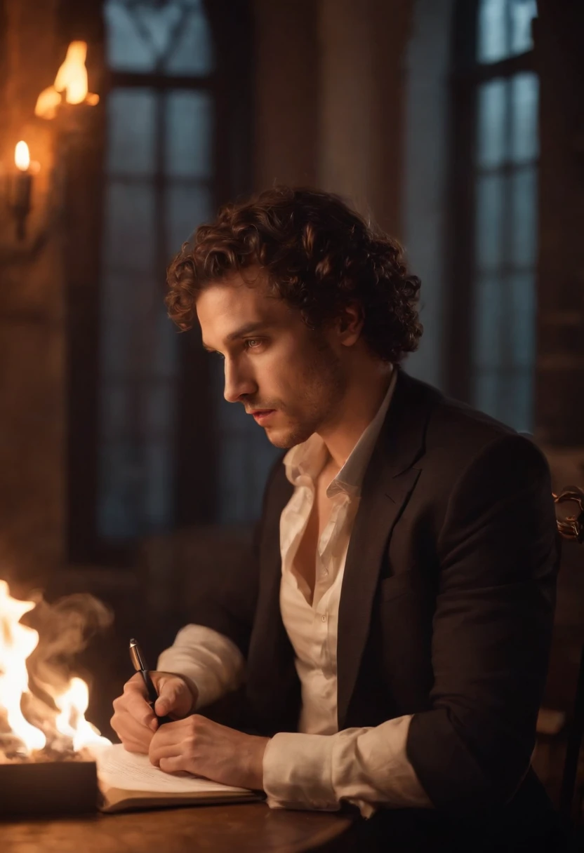 "curly-haired man sitting on a chair in front of the camera writing with a pen on a paper on fire, surrounded by intense flames and lighting reflecting on his face, hair, and body, vibrant colors, chiaroscuro lighting, detailed facial features, expressive eyes, intense emotions, artistic rendering, smoky atmosphere, dramatic composition, dynamic angles, high-resolution, portrait, surreal aesthetic, contrast, warm color tones, glowing embers, passionate energy"