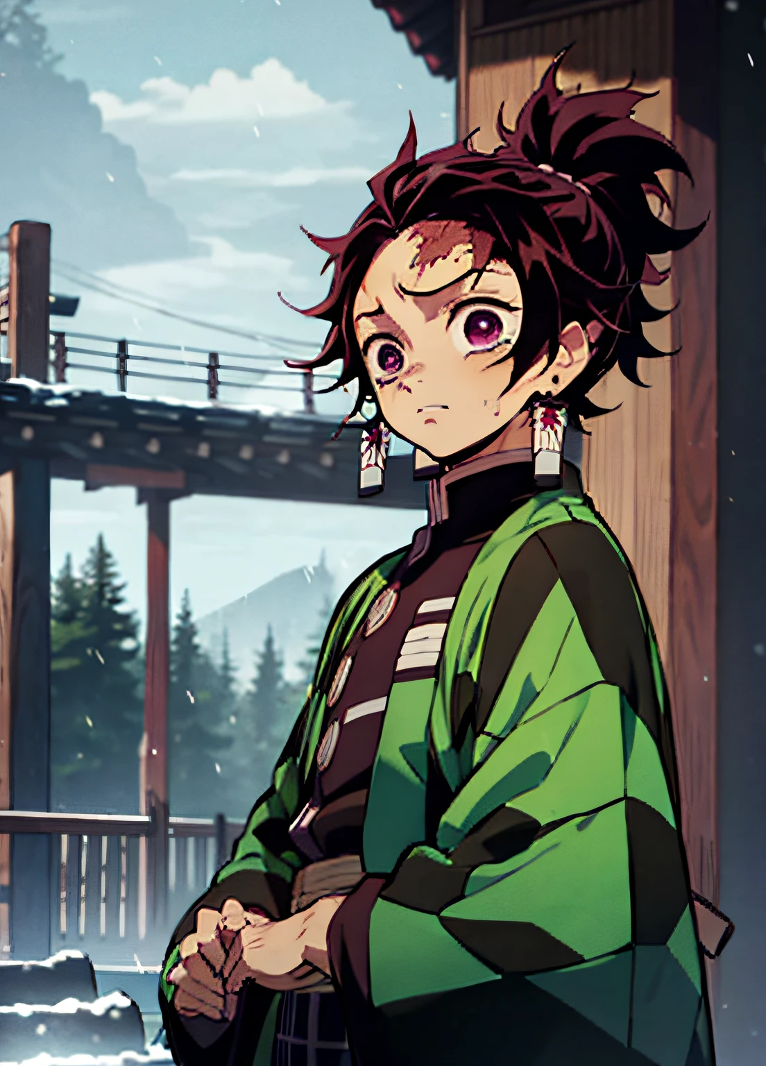 "Kamado Tanjiro from Demon Slayer, heavy rain, crying, gazing at the sky, wearing a green plaid shirt, holding a katana."