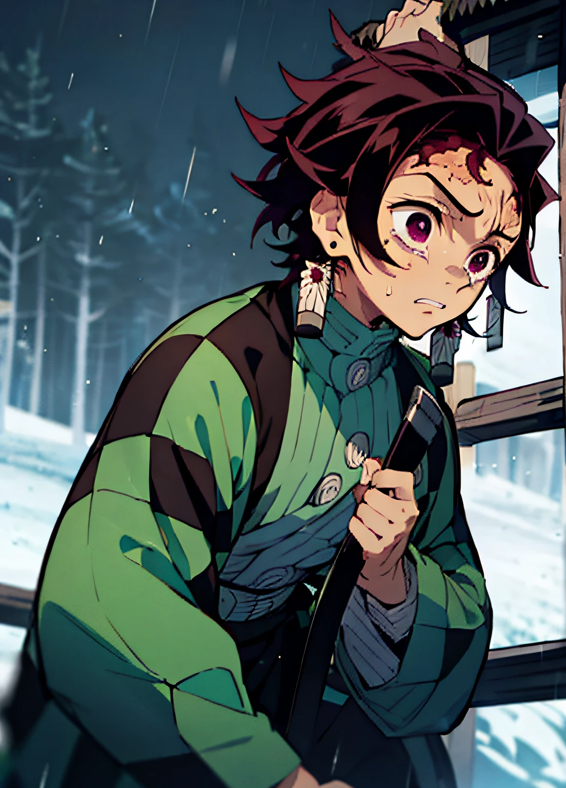 "Kamado Tanjiro from Demon Slayer, heavy rain, crying, gazing at the sky, wearing a green plaid shirt, holding a katana."