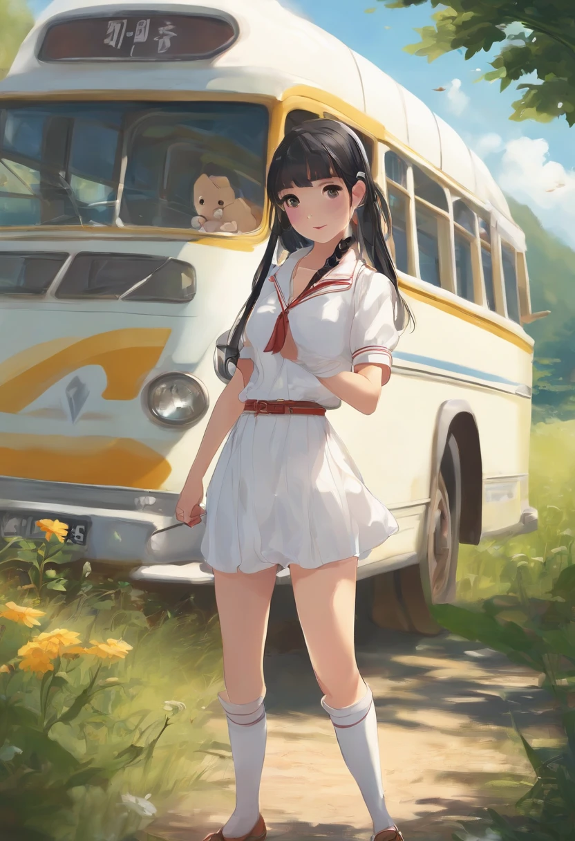 with sex appeal、japanes、Black hair pigtails、a straw fedora hat、Underwear、White blouse with short sleeves、Wearing white panties、White knee-high socks、low angles、Sunny、Bus stop in the countryside