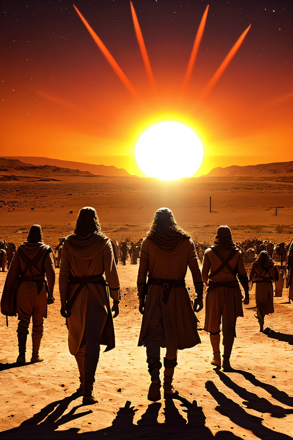 "Generate an image of a blazing sun in the historical era of Jesus, with numerous people walking in the intense heat, depicting the arid environment of that time."