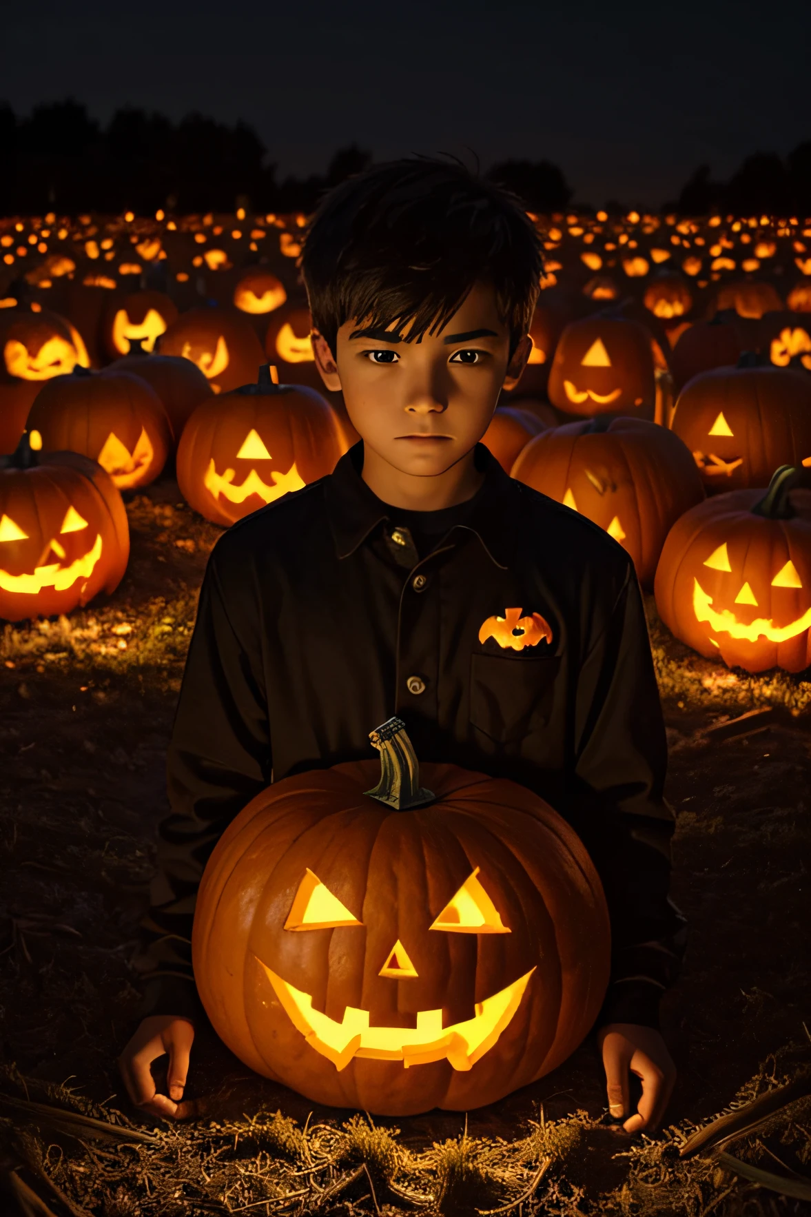 a standing in a dark pumpkin field with a giant pumpkin monster his head is giant picking and his body is slim dead tree it has some pumpkin leaves, the boy holding a flashlight, he is scared, a pumpkin with flames and flames a realistic of boy with around the floor Halloween pumpkins and a jack-o-lanterns, a group of pumpkins in a field, a close up of a pumpkin, a close-up of a person's head