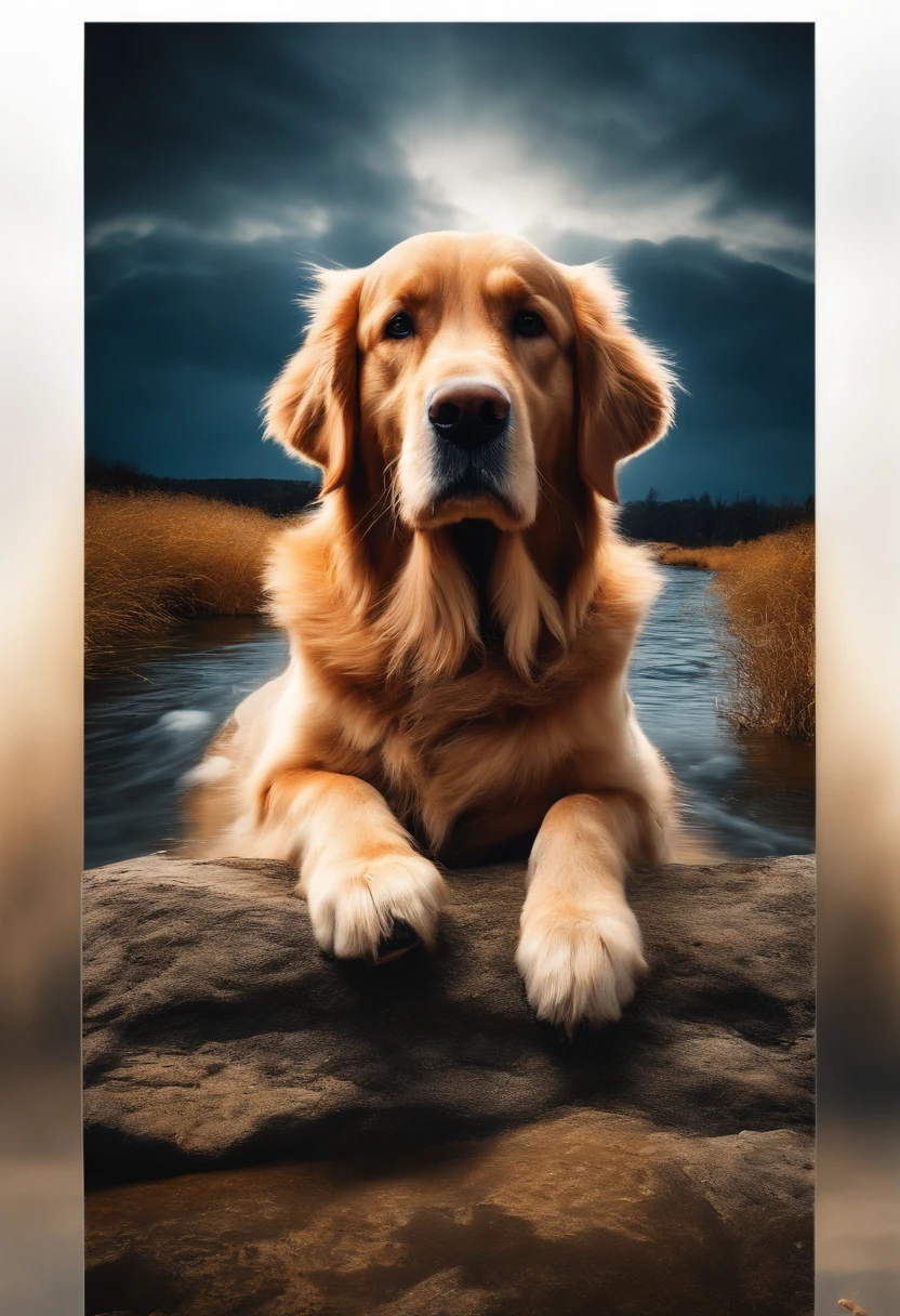 Golden Retriever, weiss, 8k, extrem realistisch, gespannt, warm, Highly detailed, scharf, Professionell, 8K UHD, Film, Im Freien, Fluss, dramatisch, lebhaft, tense atmosphere, Wiedergabe, episch, nightfall, HDR, Albumcover, Blizzard, Auf einem Felsen im Fluss stehend