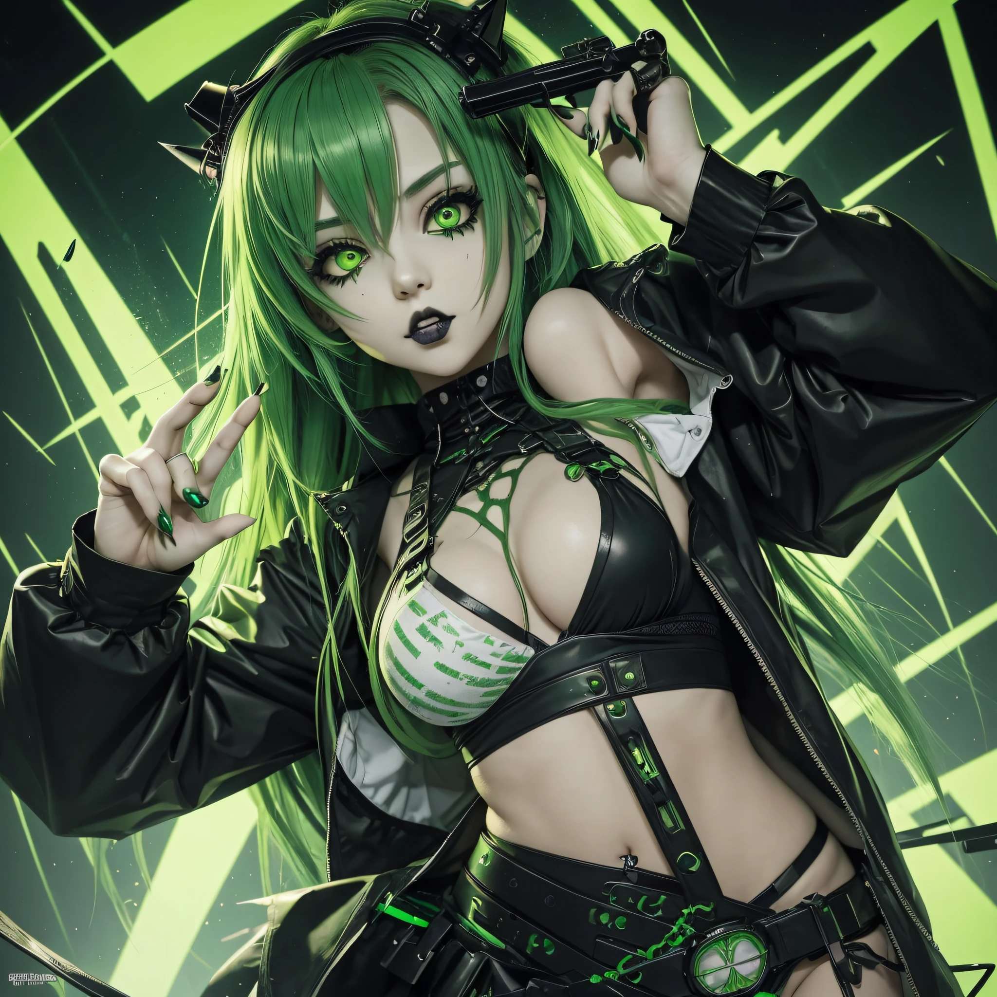 Girl, perfect body, cute girl, anime girl, full details, toxic girl, green colors, green hair, sinister. expretion details, perfect head, toxic, radioactive, goth girl green, radiactive girl,  long hair, nails,