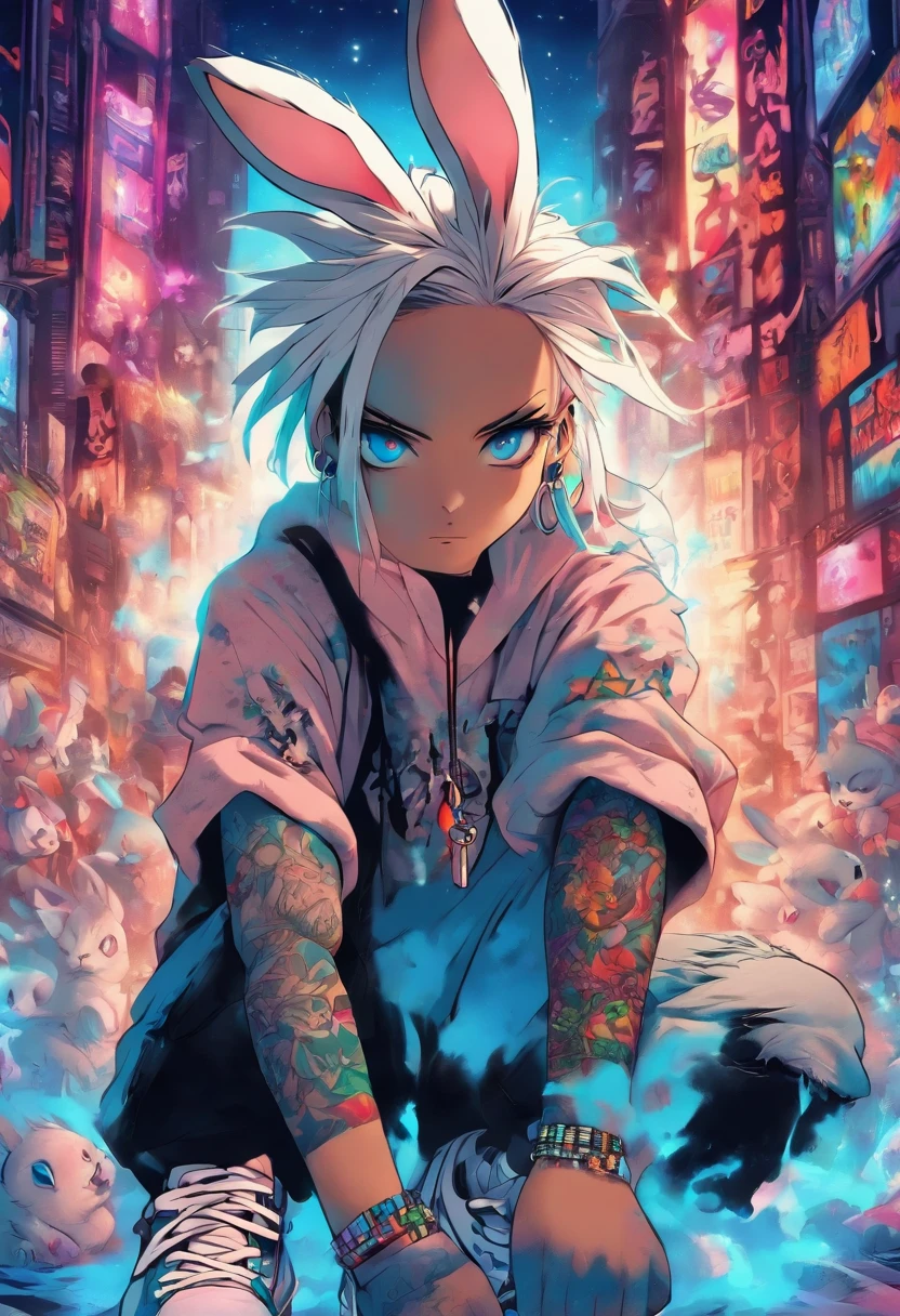 Cool and trendy rabbits, White hair, Blue eyes, Wear trendy hip-hop clothes, Wearing a hoodie, Graphic T-shirt and ripped jeans, Lots of tattoos and piercings, Doodle style background, Highly detailed background, perfect masterpiece, High quality, High resolution