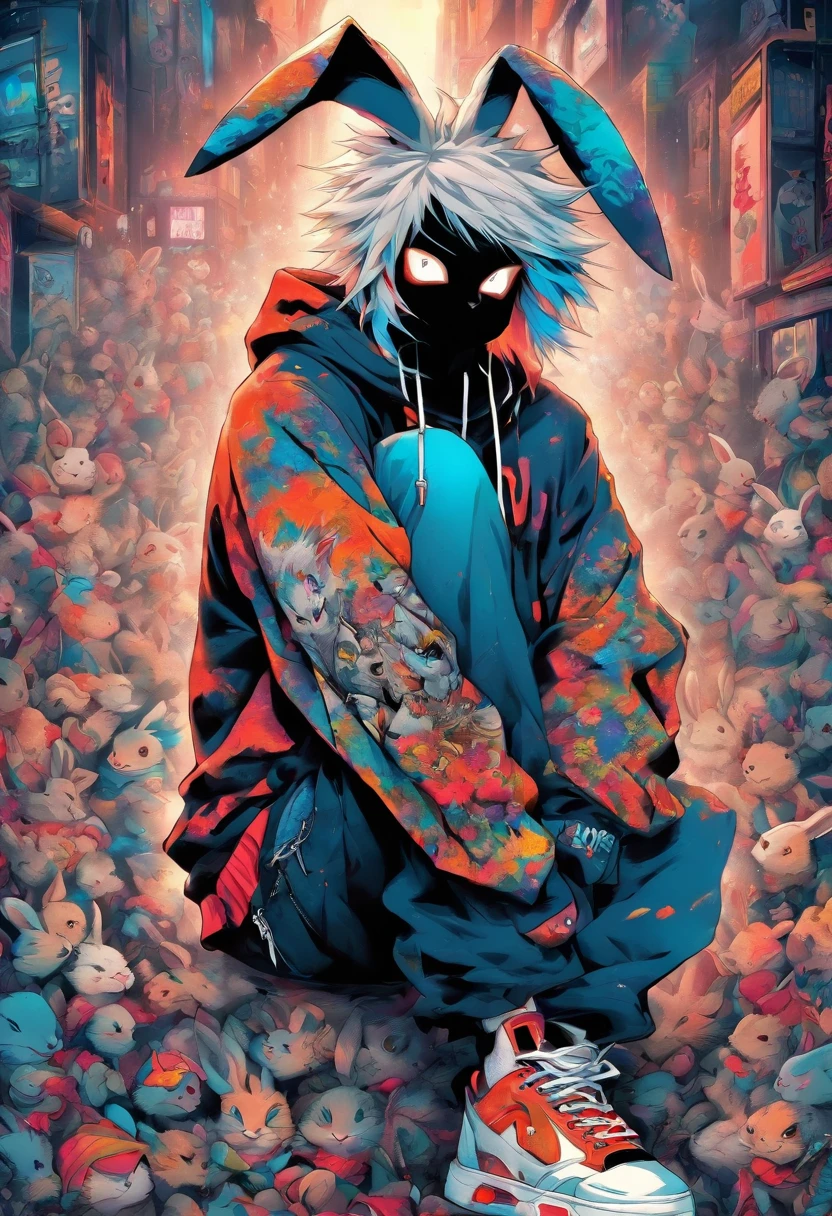 Cool and trendy rabbits, White hair, Blue eyes, Wear trendy hip-hop clothes, Wearing a hoodie, Graphic T-shirt and ripped jeans, Lots of tattoos and piercings, Doodle style background, Highly detailed background, perfect masterpiece, High quality, High resolution