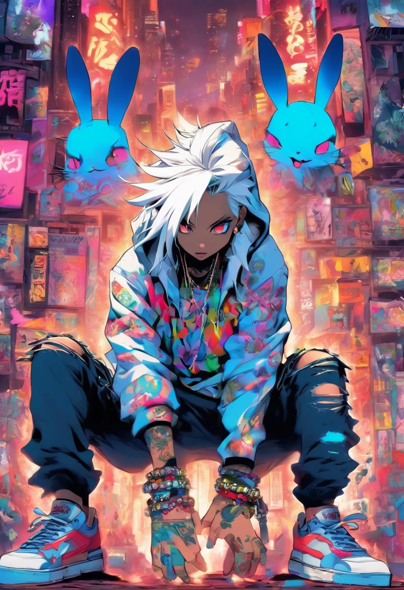 Cool and trendy rabbits, White hair, Blue eyes, Wear trendy hip-hop clothes, Wearing a hoodie, Graphic T-shirt and ripped jeans, Lots of tattoos and piercings, Doodle style background, Highly detailed background, perfect masterpiece, High quality, High resolution