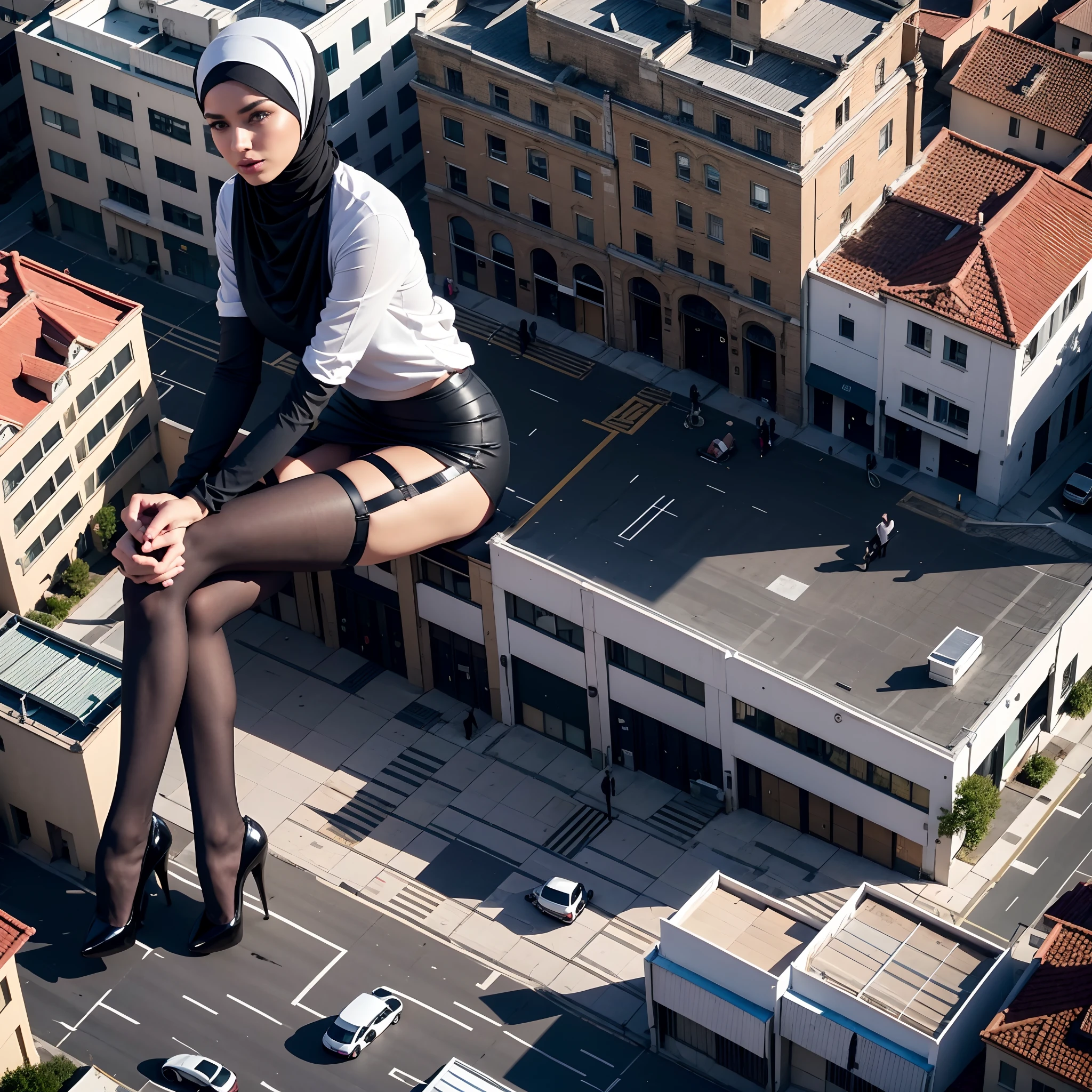 tallgts,giantess，Full body photo，BuildingSeat，White tight shirt，Big breasts，pencil skirts，black lence stockings，stiletto，(Long legs:1.2),Extremely tall girl，Above the house，Beautiful looks，Delicatemakeup，Perfect lighting，Cinematic quality，8K,High quality,(GTS:1.5),Aerial View，With tiny,  woman wearing hijab, 1girl, 1boy, gtsfive