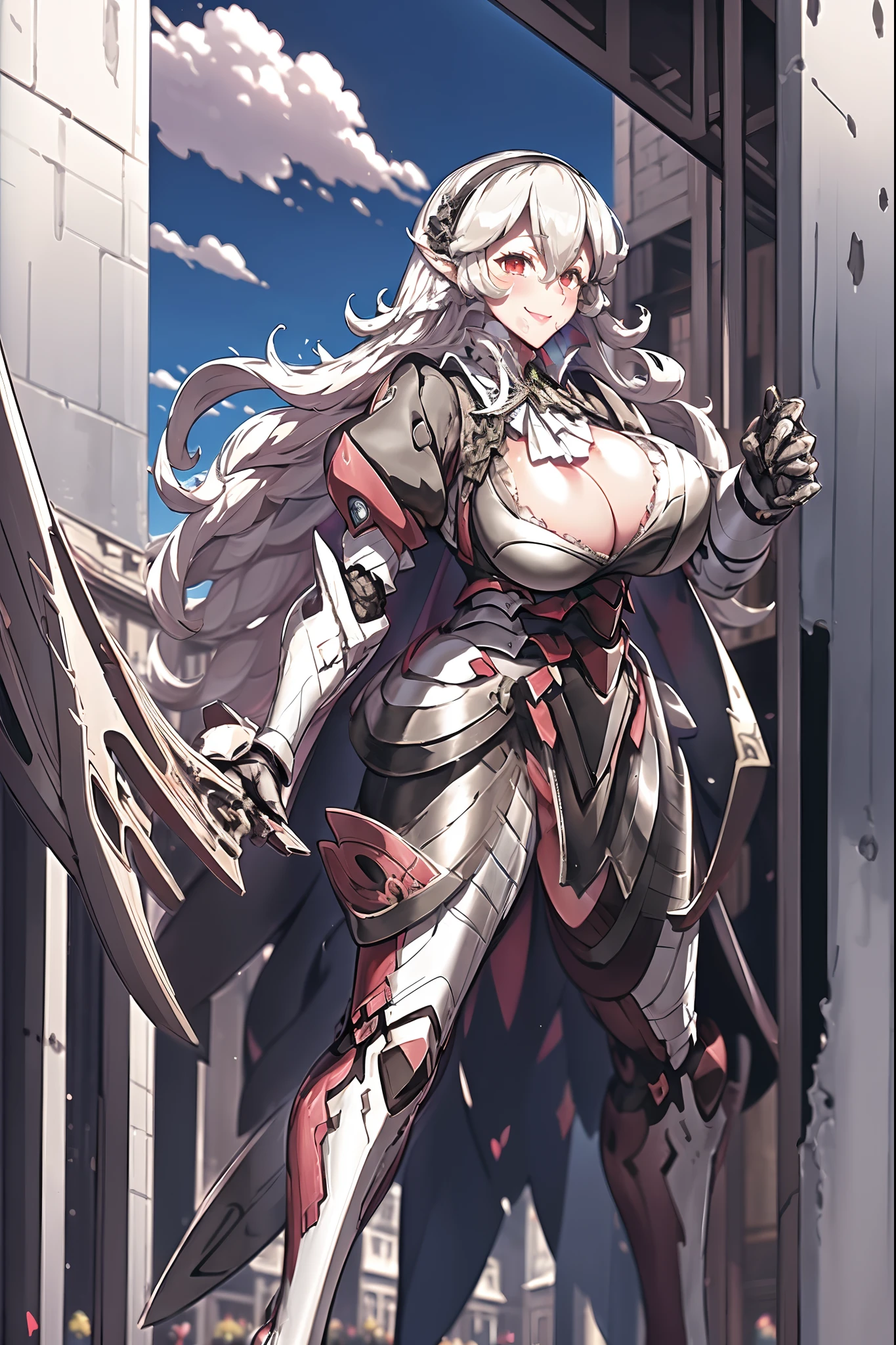 masterpiece, best quality, defCorrin, black hairband, armored dress, blue cape, puffy sleeves, juliet sleeves, vambraces, black gloves, armored legwear, upper body, looking at viewer, castle, gothic architecture, smile, sky, clouds, hands to heart, bimbo, huge breast, curvy, full body, boots