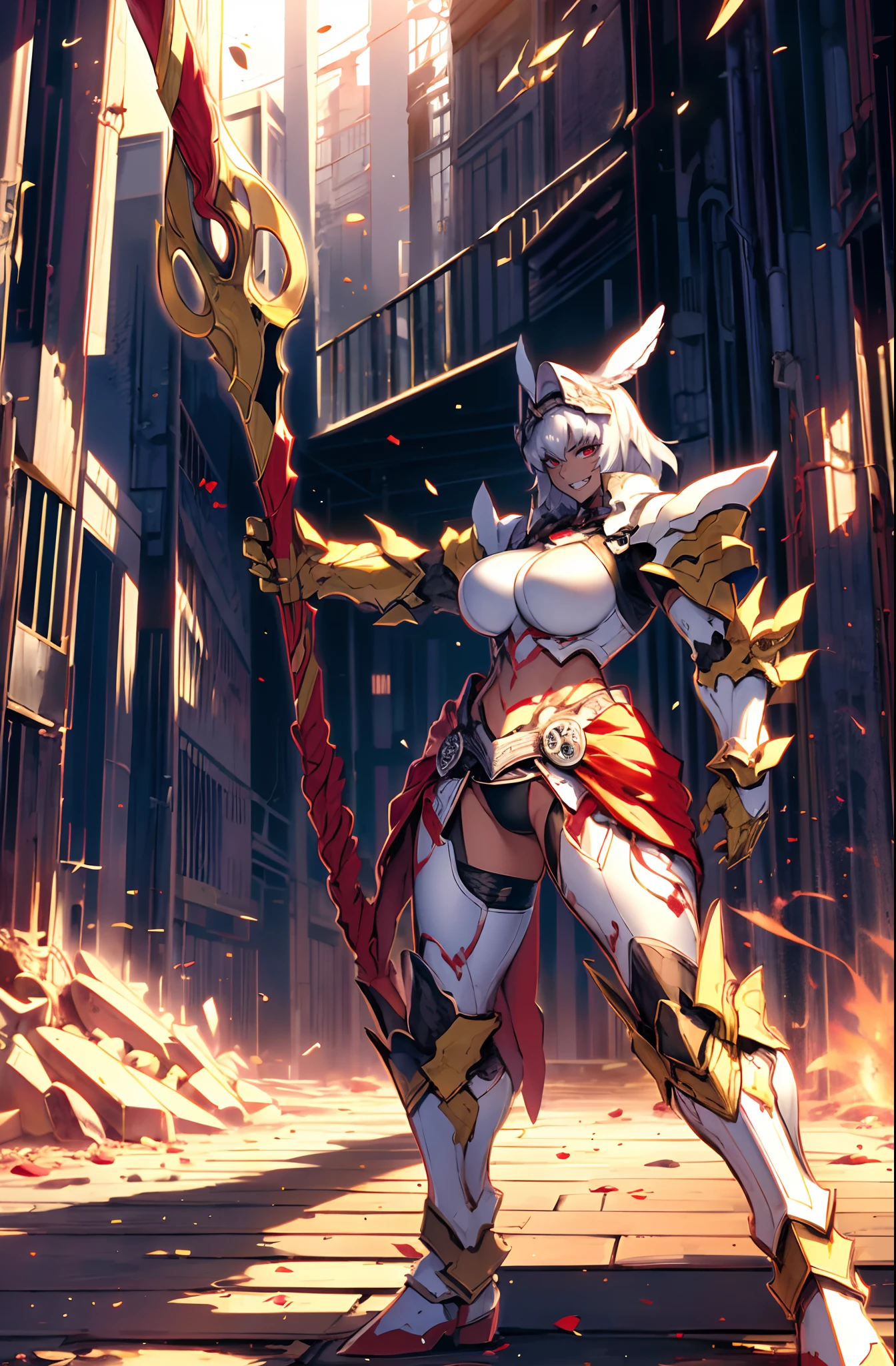 4k, highly detailed, anime style, HDR, subsurface scattering, in a temple, temple being destroyed, Greek temple on fire background, (masterpiece, best quality:1.2), caenis,( fgo stage 3), 1girl, big breasts, looking at fires, smile, short hair, white hair, bangs, red eyes, animal ears, open clothes, hairband, grin, (gold armor), body markings, white nails, epic scene, tall girl,full body, darskinned-female, , standing, musclegirl, forest, staff holding, posing