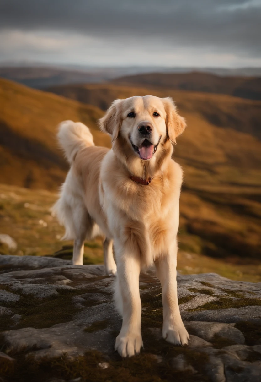 cremeweisser Golden Retriever, (weisses fell:1.3), 8k, extrem realistisch, gespannt, warm, Highly detailed, scharf, Professionell, 8K UHD