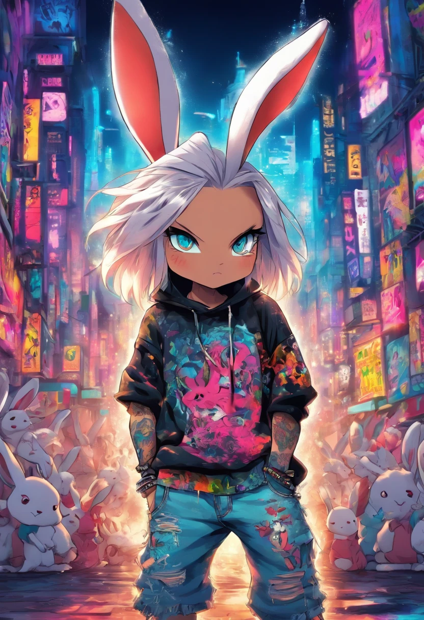 Cool and trendy rabbits, White hair, Blue eyes, Wear trendy hip-hop clothes, Wearing a hoodie, Graphic T-shirt and ripped jeans, Lots of tattoos and piercings, Doodle style background, Highly detailed background, perfect masterpiece, High quality, High resolution