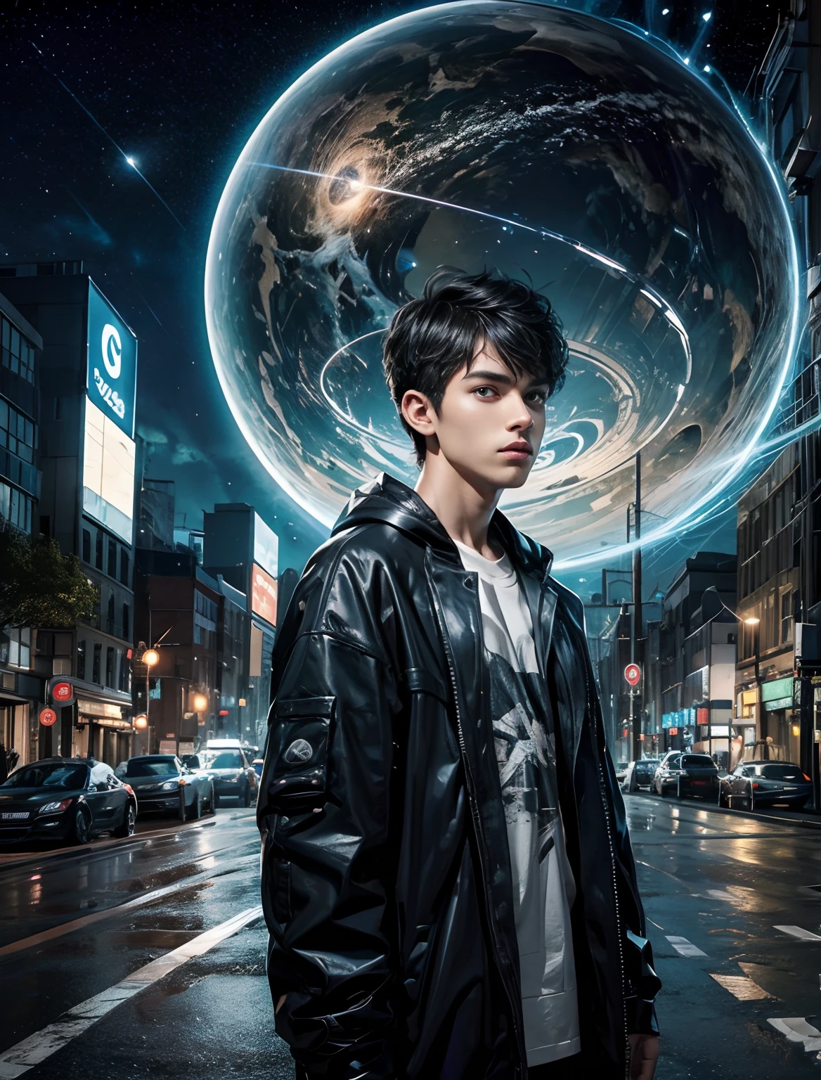 Male upper body image.Image of a wormhole in the space behind a man.Image of parallel world overlapping on the background of a man.Late teens beauty. Her bangs are down. Short black hair. modern clothing. Standing in the middle of the city at night with a serious expression.((( Images of multiple parallel worlds overlapping man background.))) 8K image quality.