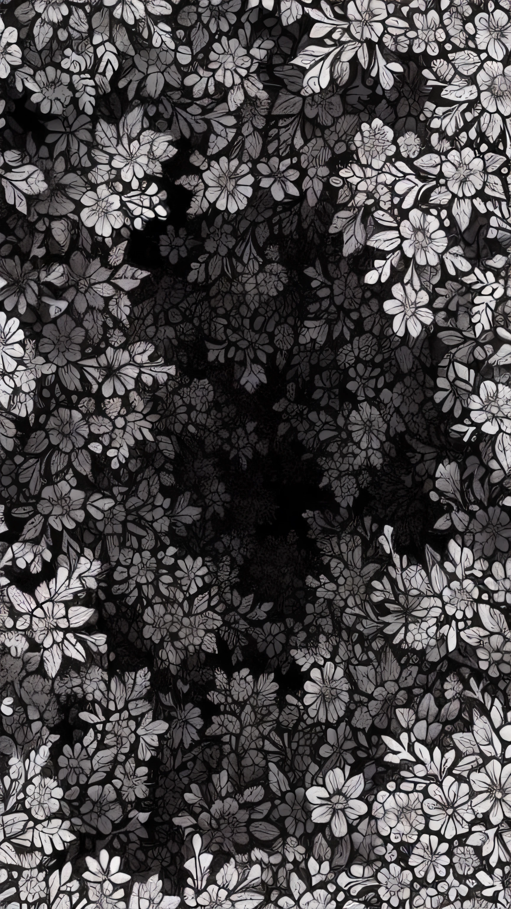A closeup of a black and white floral pattern with a black background, Escuro!! intrincado, escuro intrincado, dark flower pattern wallpaper, floral! intrincado, fundo escuro intrincado, flores pretas, imagem intrincada, floral ornamentado, renda fractal, rendas florais, fotografia escura e intrincada, Fundo preto e branco, complexidade profundamente ornamentada, Arte digital escura, mas detalhada, gravuras fractais