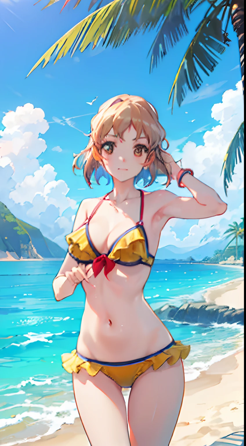 (best quality,4k,8k,highres,masterpiece:1.2),ultra-detailed,(realistic,photorealistic,photo-realistic:1.37),anime,girl,bikini,colorful,beach,detailed,happy expression,sparkling eyes,vibrant hair,glowing skin,tropical background,summer vibes,playful,sand,water,blue sky,sunshine,cool hairstyle,confident pose,relaxed atmosphere,stylish,energy,enthusiasm,joy,exotic location,beautiful scenery,warm colors,sunlight filtering through palm trees,endless horizon,salty breeze,lively reflection on water,seagulls flying,splash of water,subtle beach accessories,fun activities,serene waves,perfect curves,harmonious composition