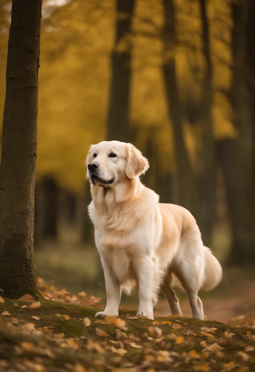 creme weisser Golden Retriever, Young, Very Fine, (weisses fell:1.4), 8K, Extrem realistisch, gespannt, warm, Highly detailed, scharf, Professionell, 8K UHD
