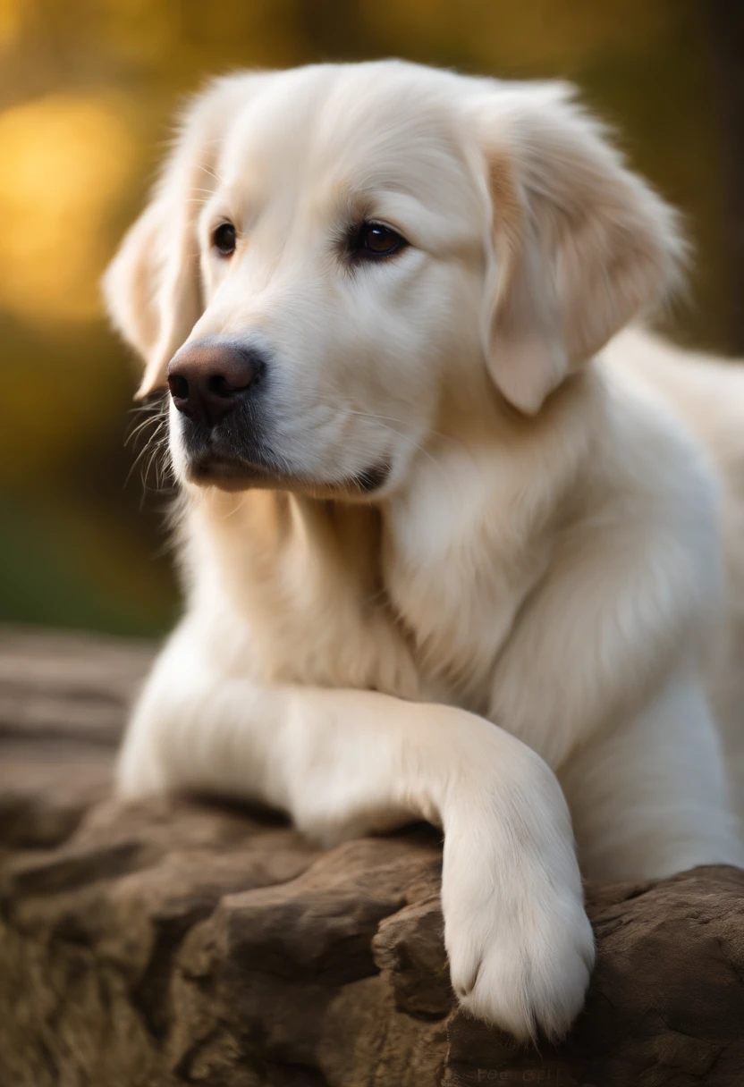 creme weisser Golden Retriever, Young, Very Fine, (weisses fell:1.4), 8K, Extrem realistisch, gespannt, warm, Highly detailed, scharf, Professionell, 8K UHD
