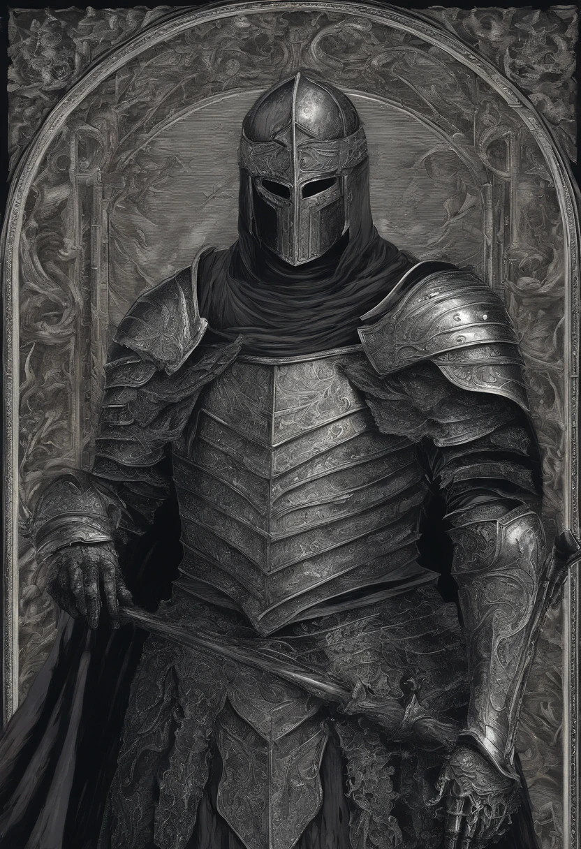 Illustration based on the referenced medieval fantasy knight. The knight is in the same position, wearing a full silver armor. The chestplate is adorned with laurel designs reminiscent of the Romans. His gauntlets and boots are crafted from the same silver metal as the rest of the armor. He is draped with a flowing red cape. The face of the shield, which is next to him, displays the visage of a beautiful woman with wavy hair, while maintaining the rest of the original image's details.